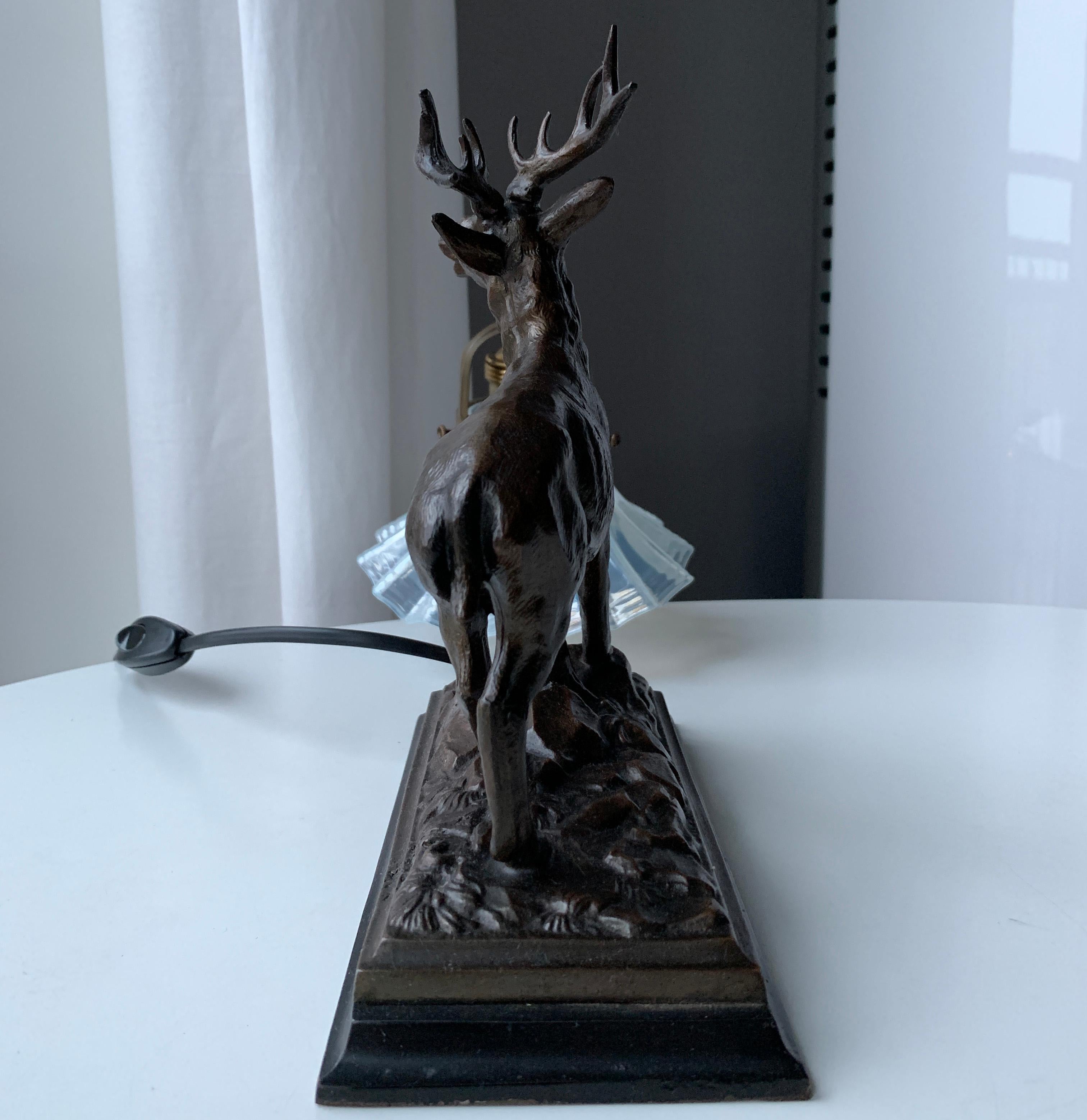 Red Deer Stag Bookshelf Lamp with Milky Glass Shade Art Deco Style For Sale 4