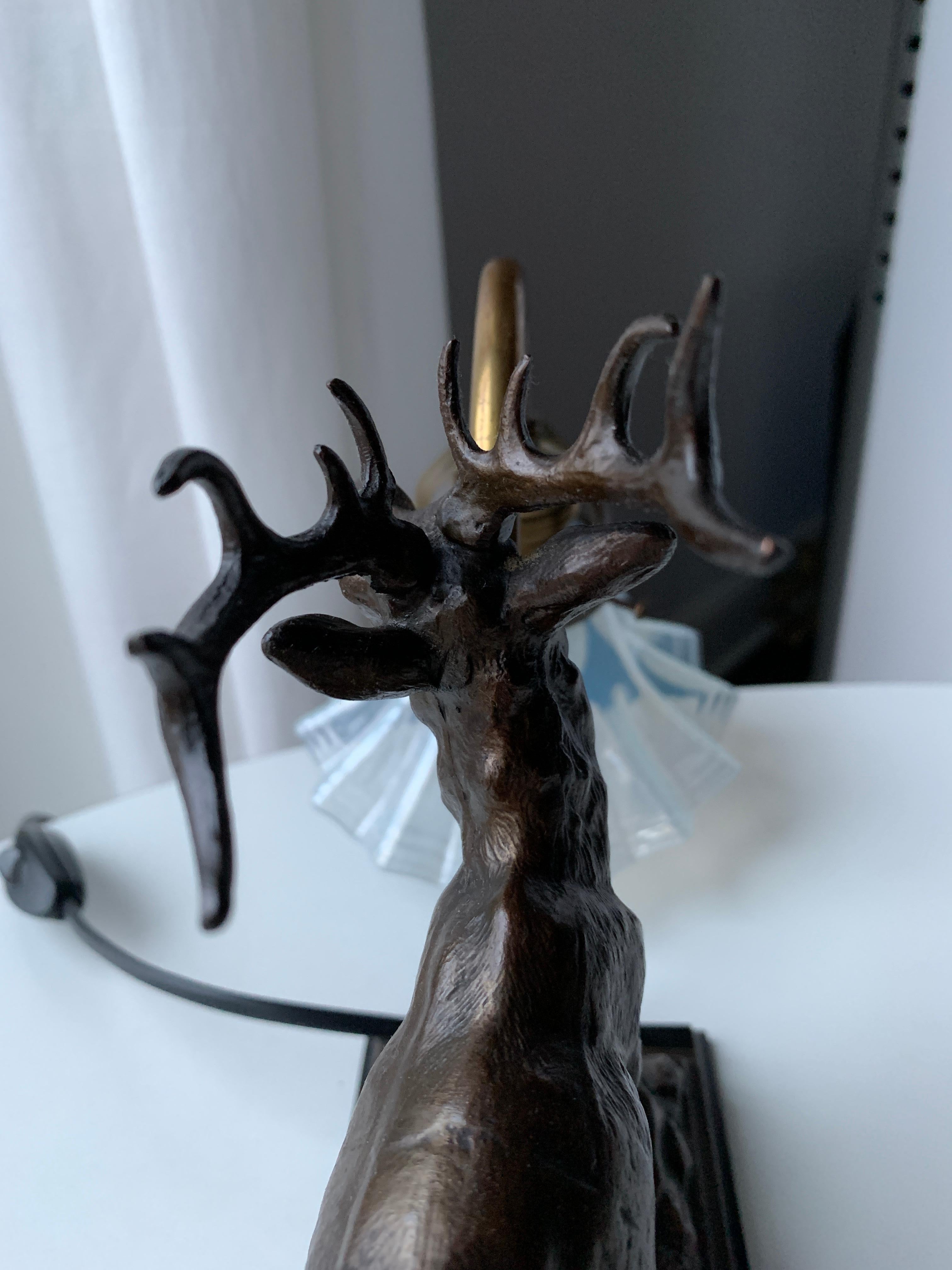 Red Deer Stag Bookshelf Lamp with Milky Glass Shade Art Deco Style For Sale 5