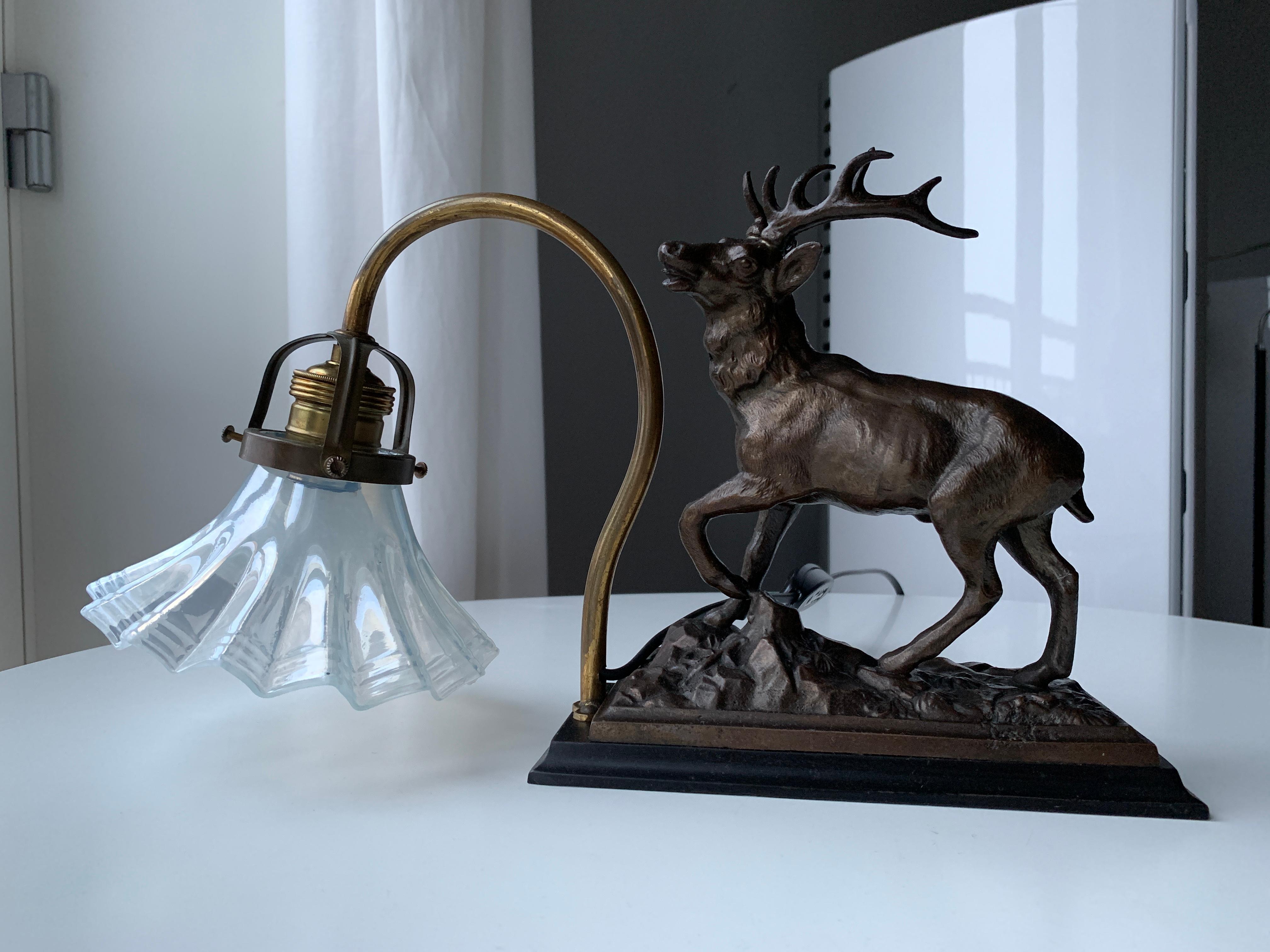 Hand-Crafted Red Deer Stag Bookshelf Lamp with Milky Glass Shade Art Deco Style For Sale