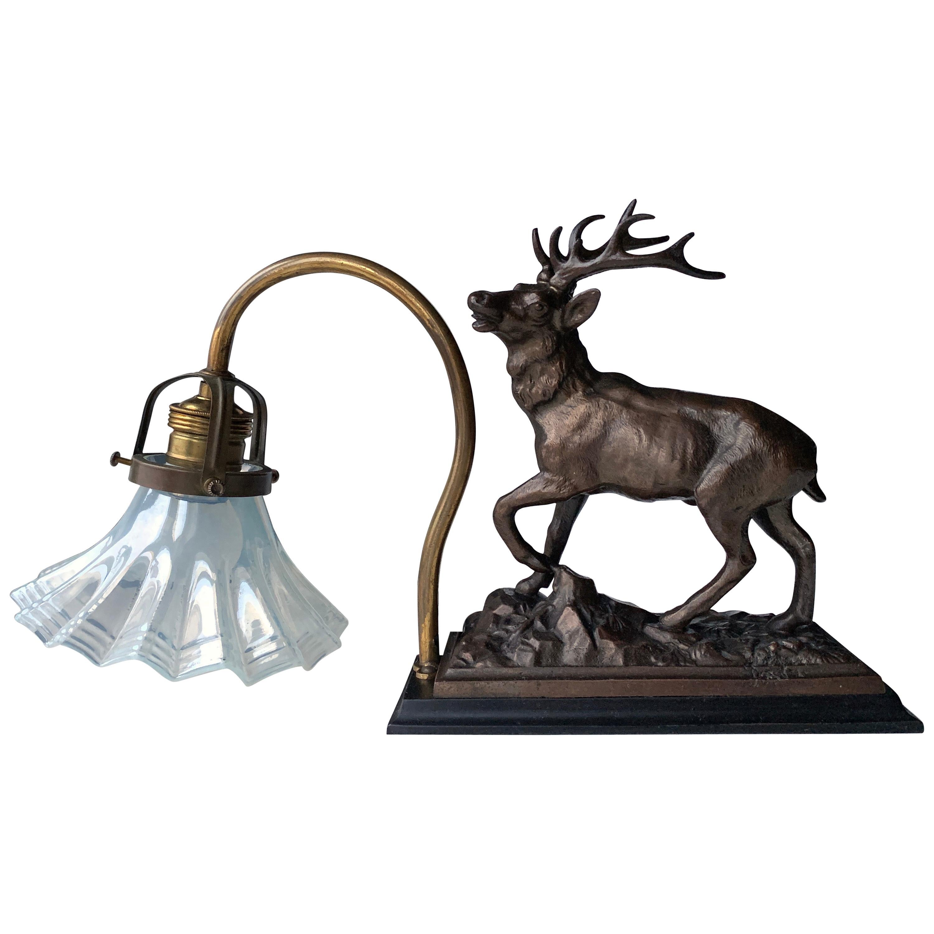 Red Deer Stag Bookshelf Lamp with Milky Glass Shade Art Deco Style For Sale