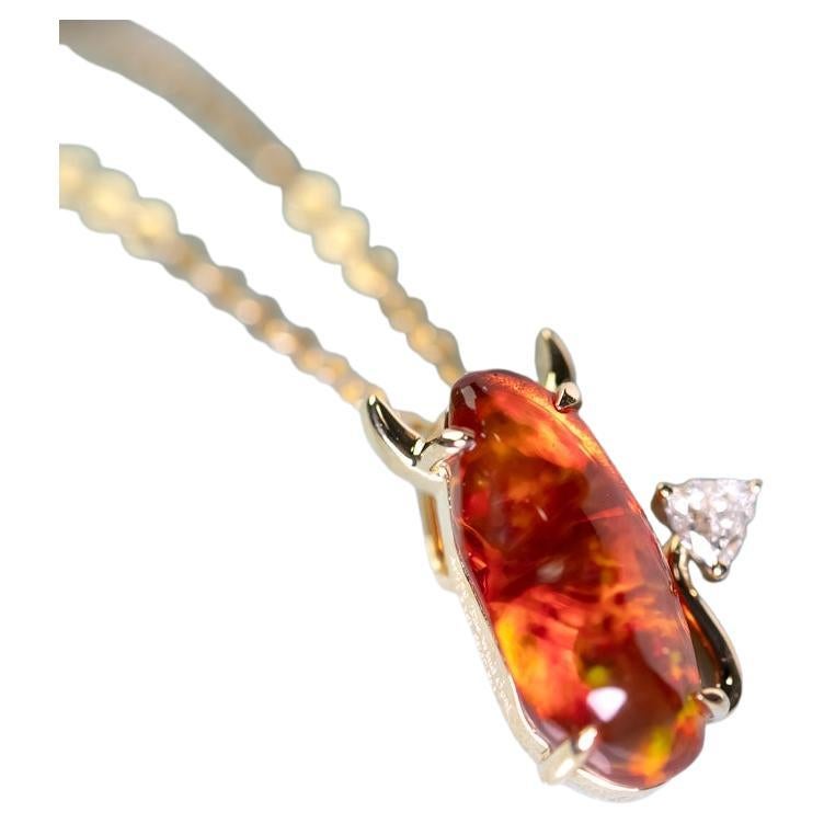Red Devil - Rare Fire Opal Diamond Pendant Necklace 18K Yellow Gold For Sale