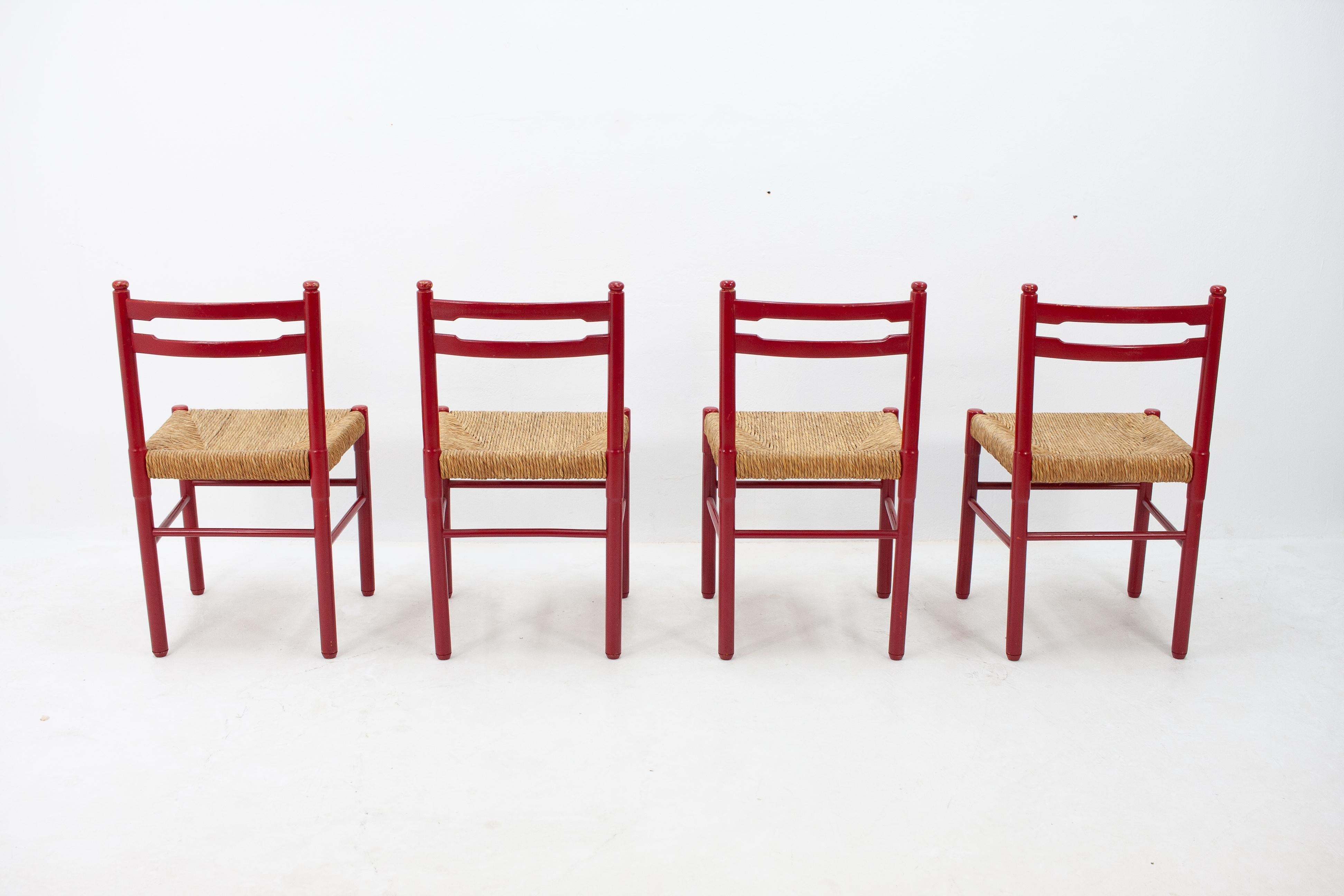 Red Dining Chairs Rattan, 1960s 1
