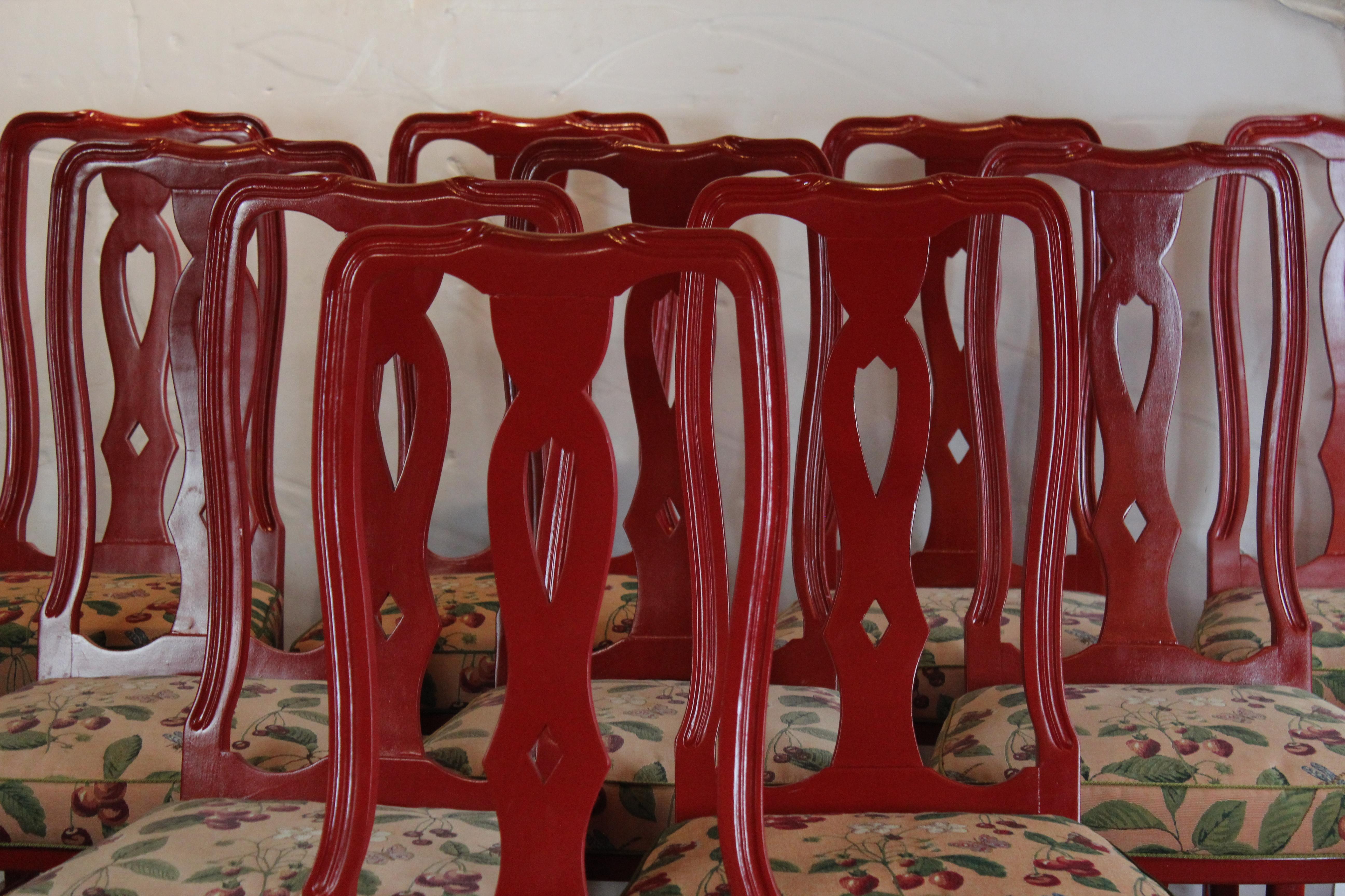 Set of ten red high back dining chairs. I left the original upholstery so you can go with your own fabric. Measure: Seat 20