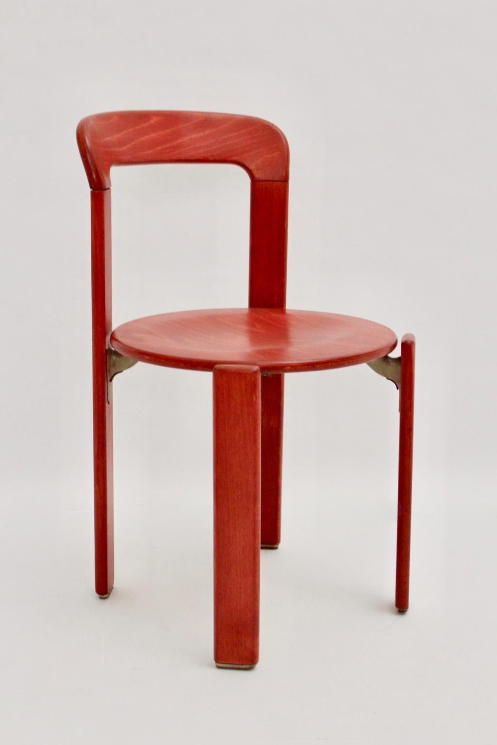 Mid-Century Modern Mid Century Modern Red Beech Vintage Dining Chairs by Bruno Rey 1970s Set of Ten