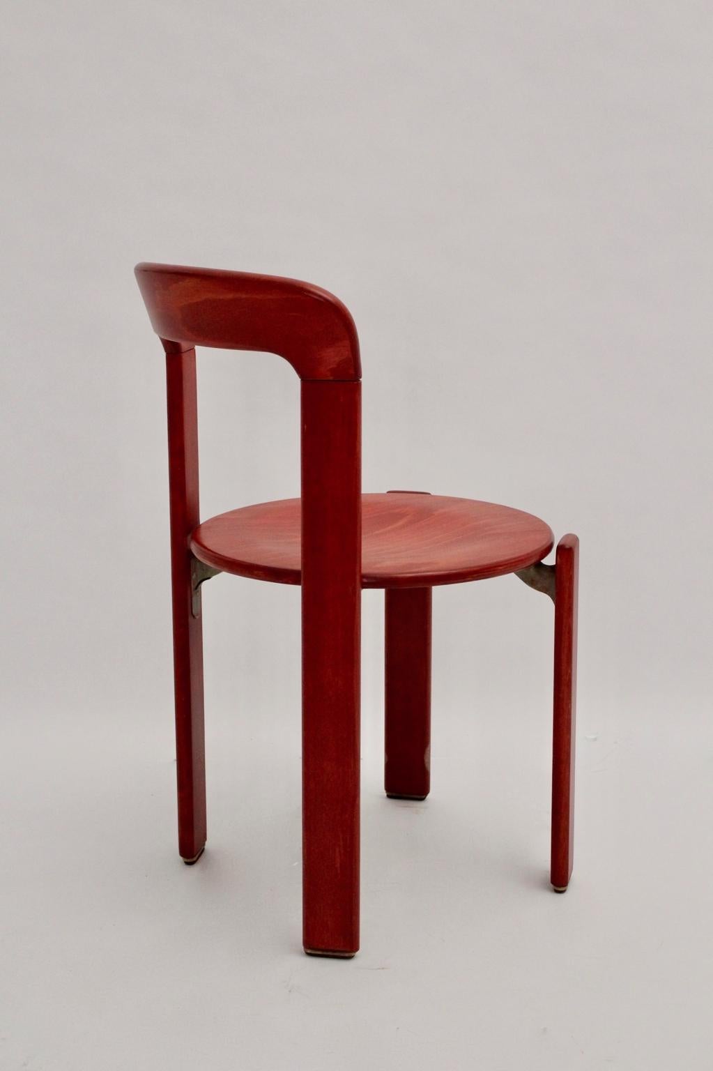 European Mid Century Modern Red Beech Vintage Dining Chairs by Bruno Rey 1970s Set of Ten