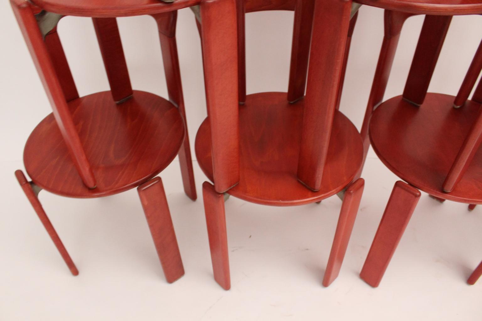 Aluminum Mid Century Modern Red Beech Vintage Dining Chairs by Bruno Rey 1970s Set of Ten