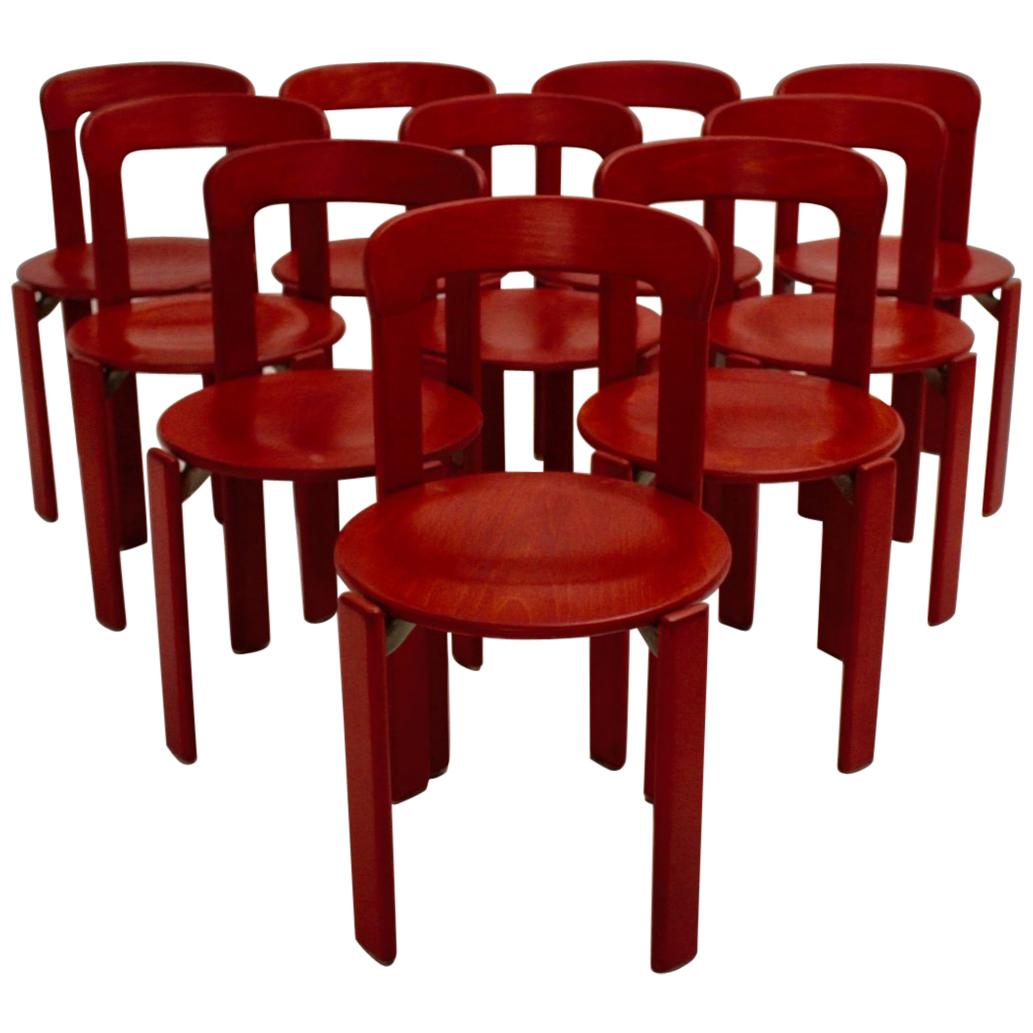 Mid Century Modern Red Beech Vintage Dining Chairs by Bruno Rey 1970s Set of Ten