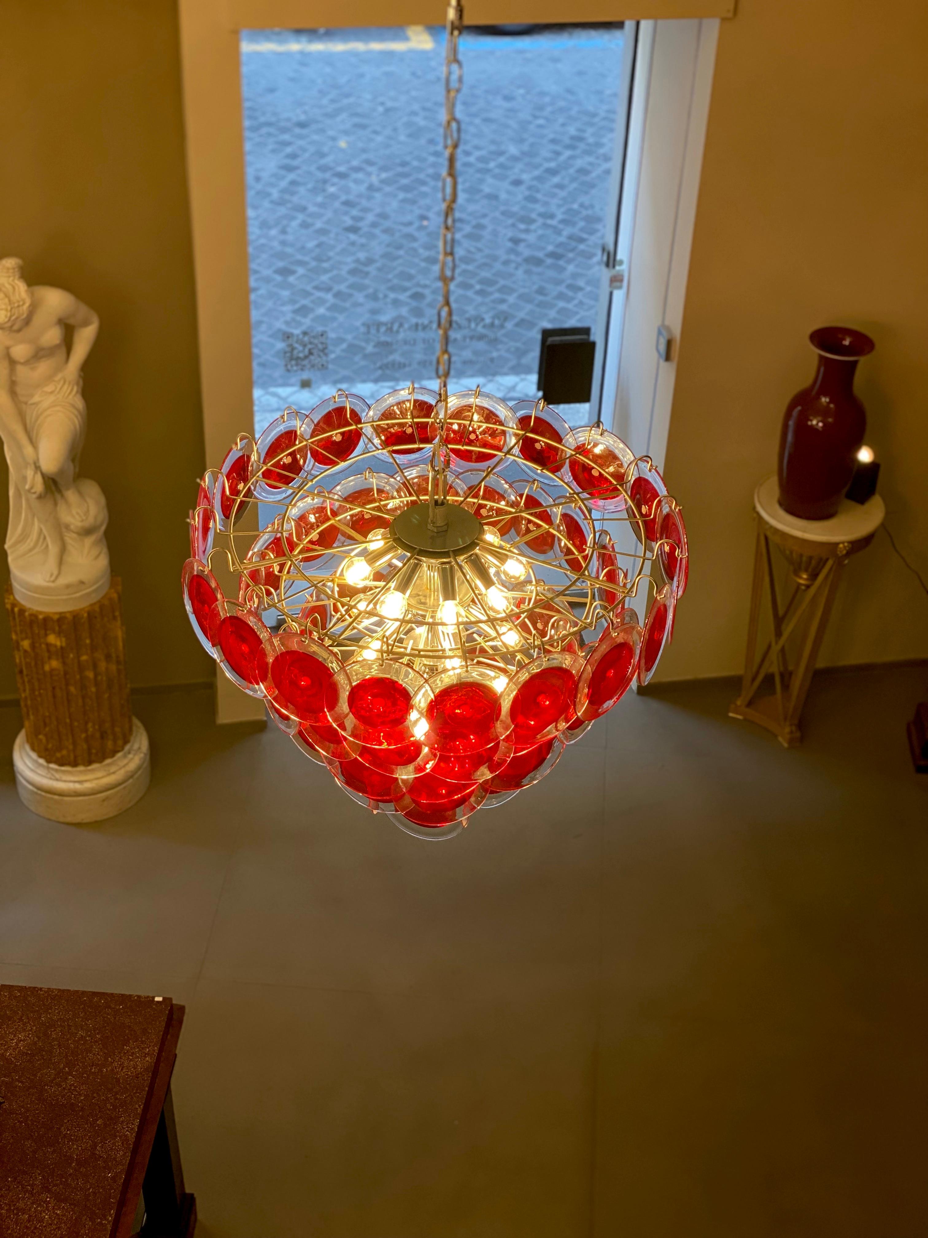 Metal Red Disc  Striking Murano Chandelier For Sale
