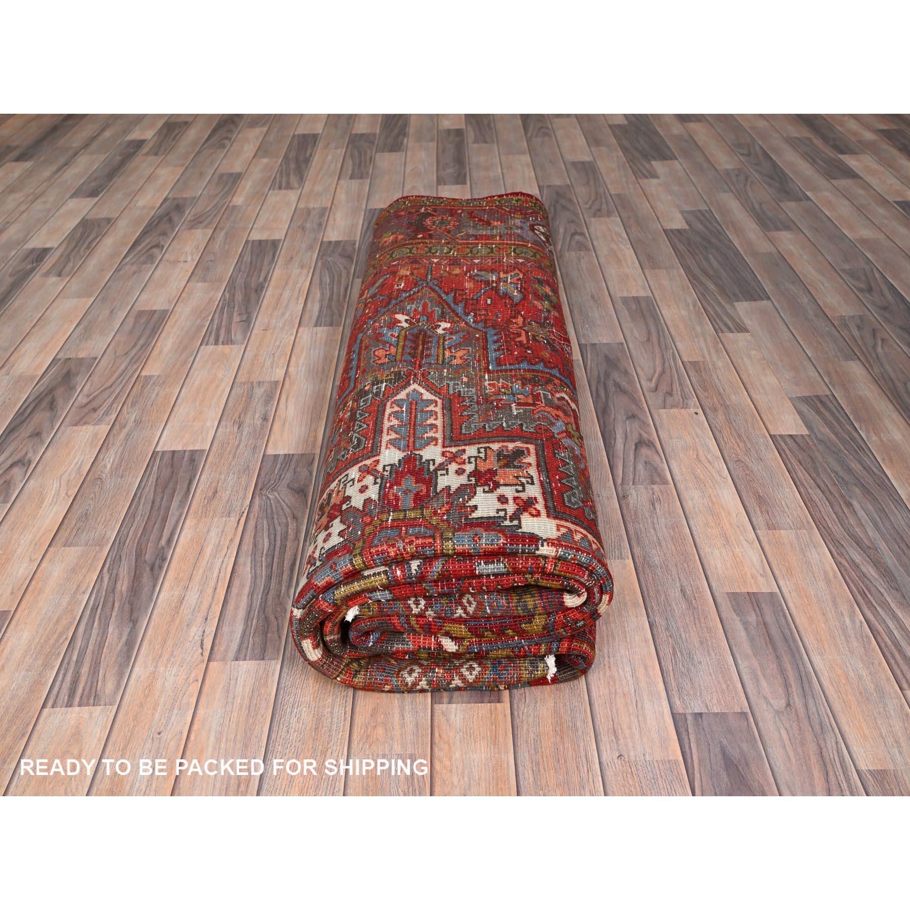 Red Distressed Feel Evenly Worn Pure Wool Hand Knotted Vintage Persian Heriz Rug For Sale 4