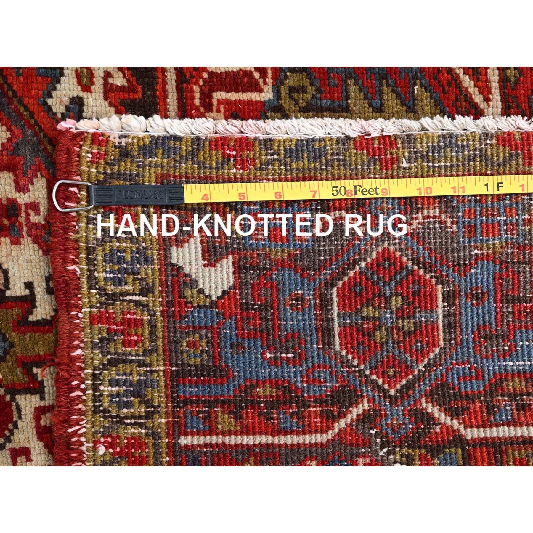 Red Distressed Feel Evenly Worn Pure Wool Hand Knotted Vintage Persian Heriz Rug For Sale 6