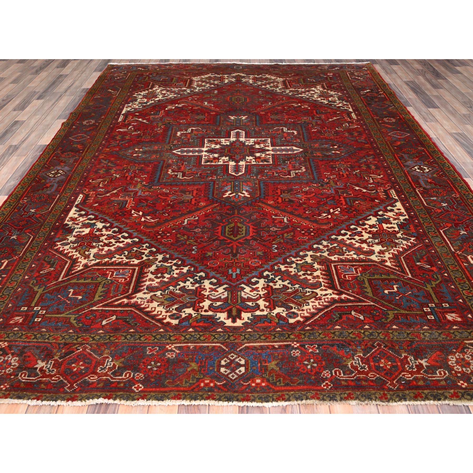 Heriz Serapi Red Distressed Feel Evenly Worn Pure Wool Hand Knotted Vintage Persian Heriz Rug For Sale