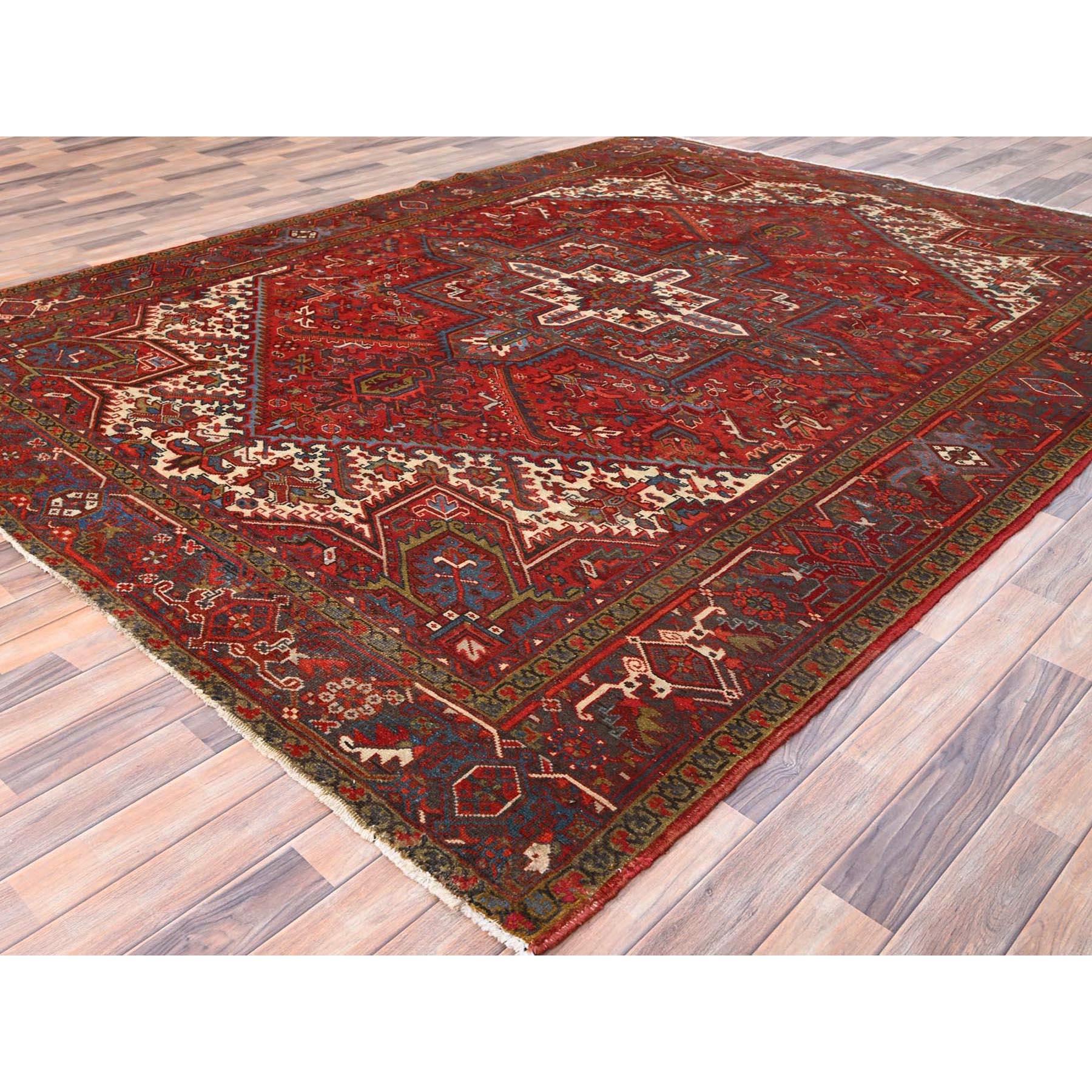 Hand-Knotted Red Distressed Feel Evenly Worn Pure Wool Hand Knotted Vintage Persian Heriz Rug For Sale