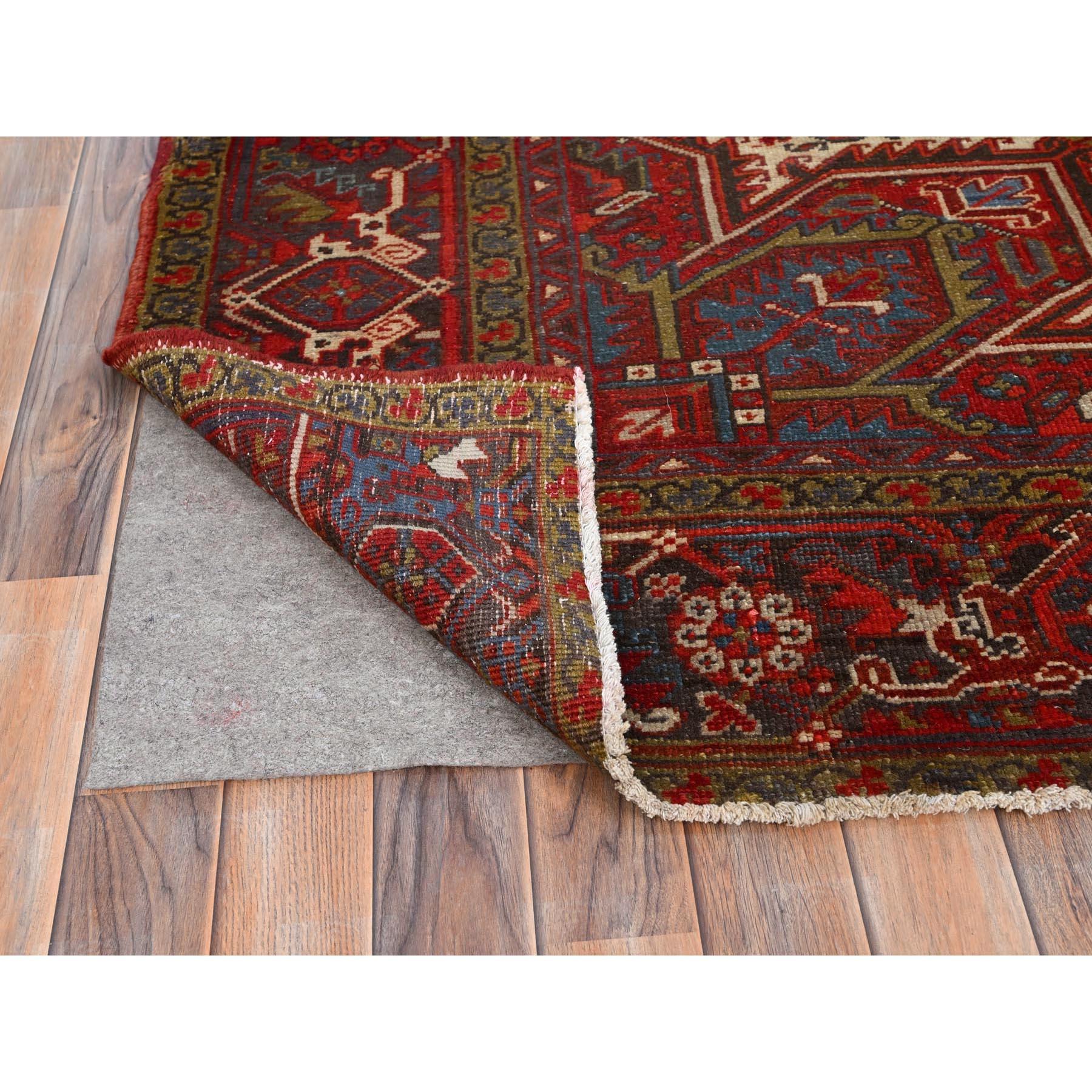 Red Distressed Feel Evenly Worn Pure Wool Hand Knotted Vintage Persian Heriz Rug In Good Condition For Sale In Carlstadt, NJ