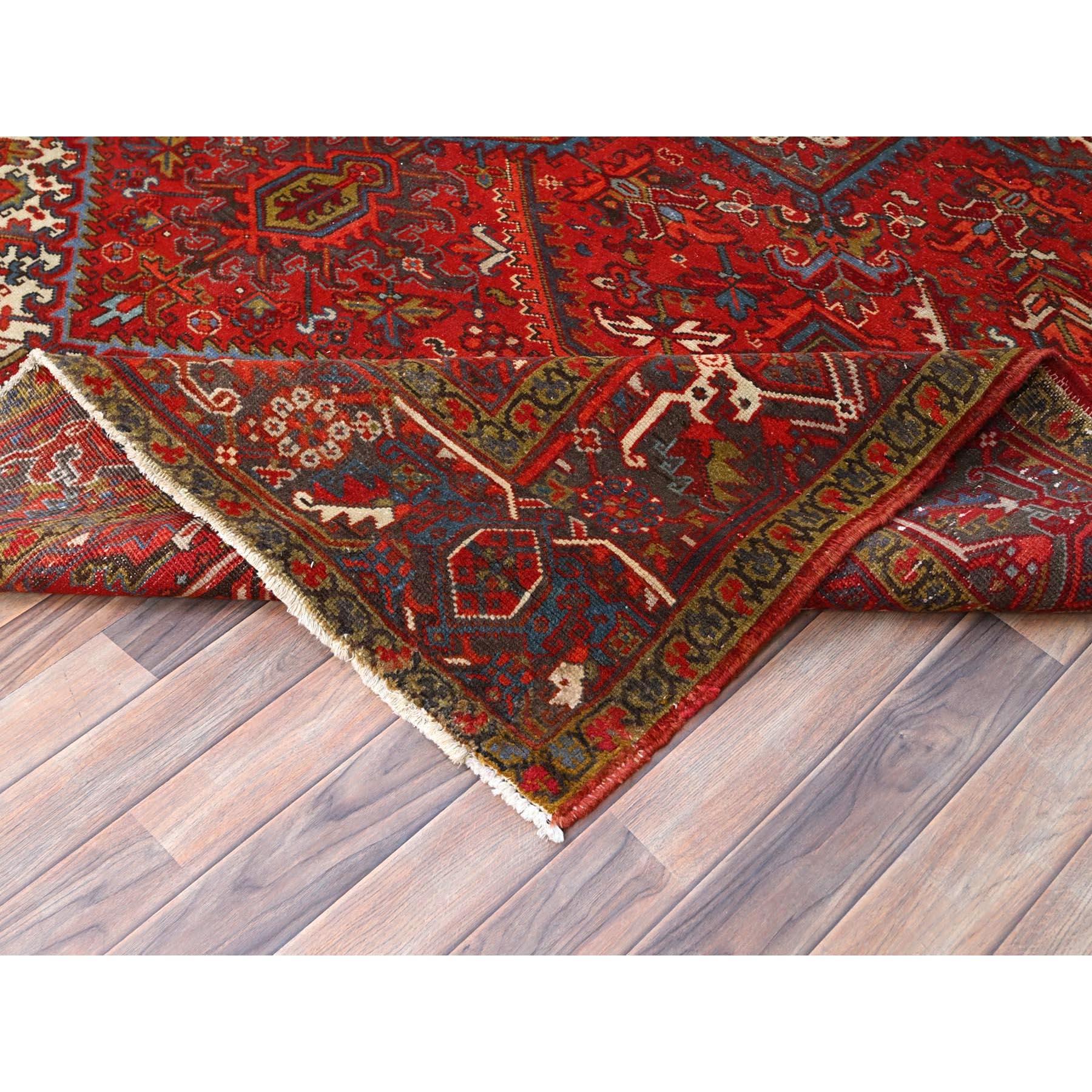 Red Distressed Feel Evenly Worn Pure Wool Hand Knotted Vintage Persian Heriz Rug For Sale 1