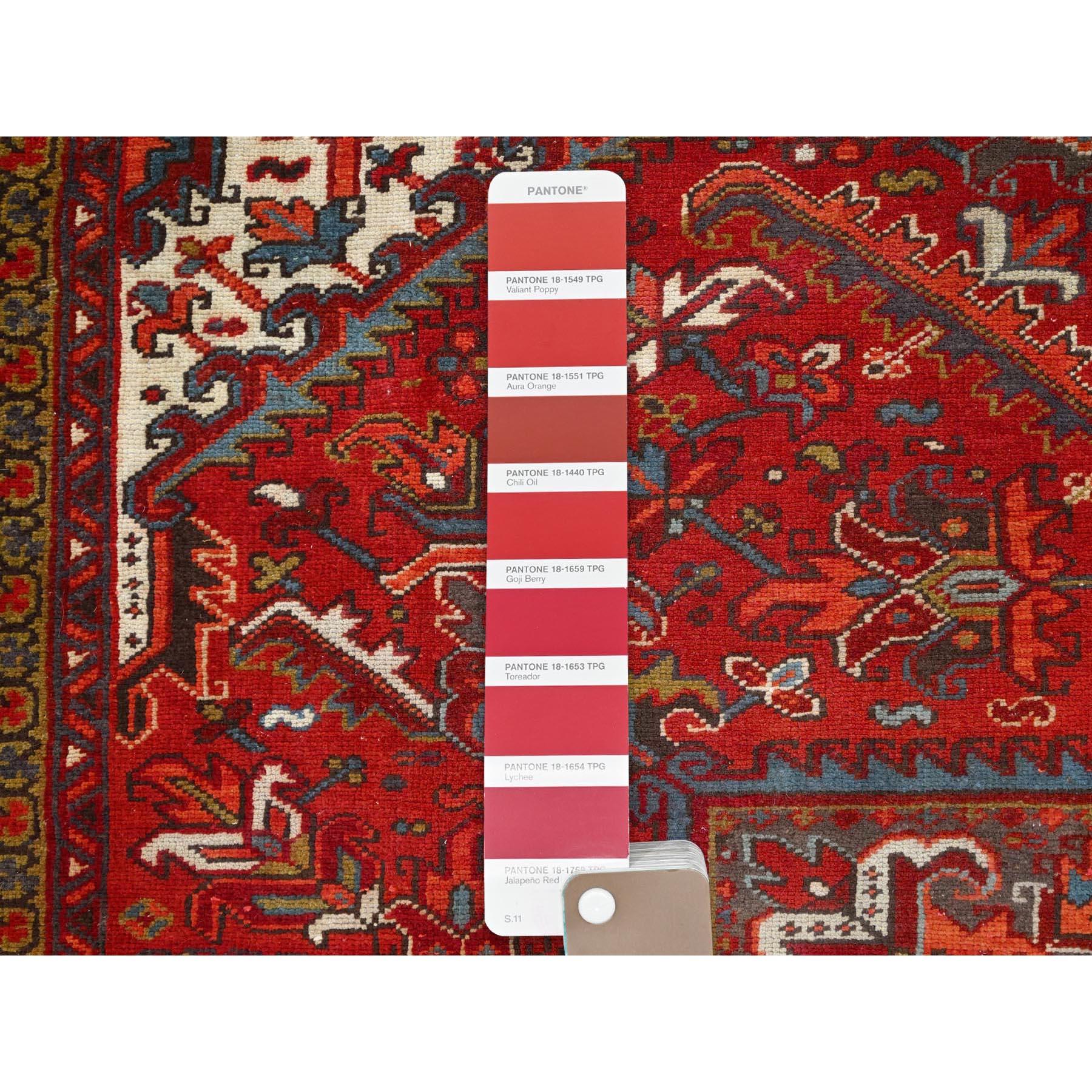Red Distressed Feel Evenly Worn Pure Wool Hand Knotted Vintage Persian Heriz Rug For Sale 2