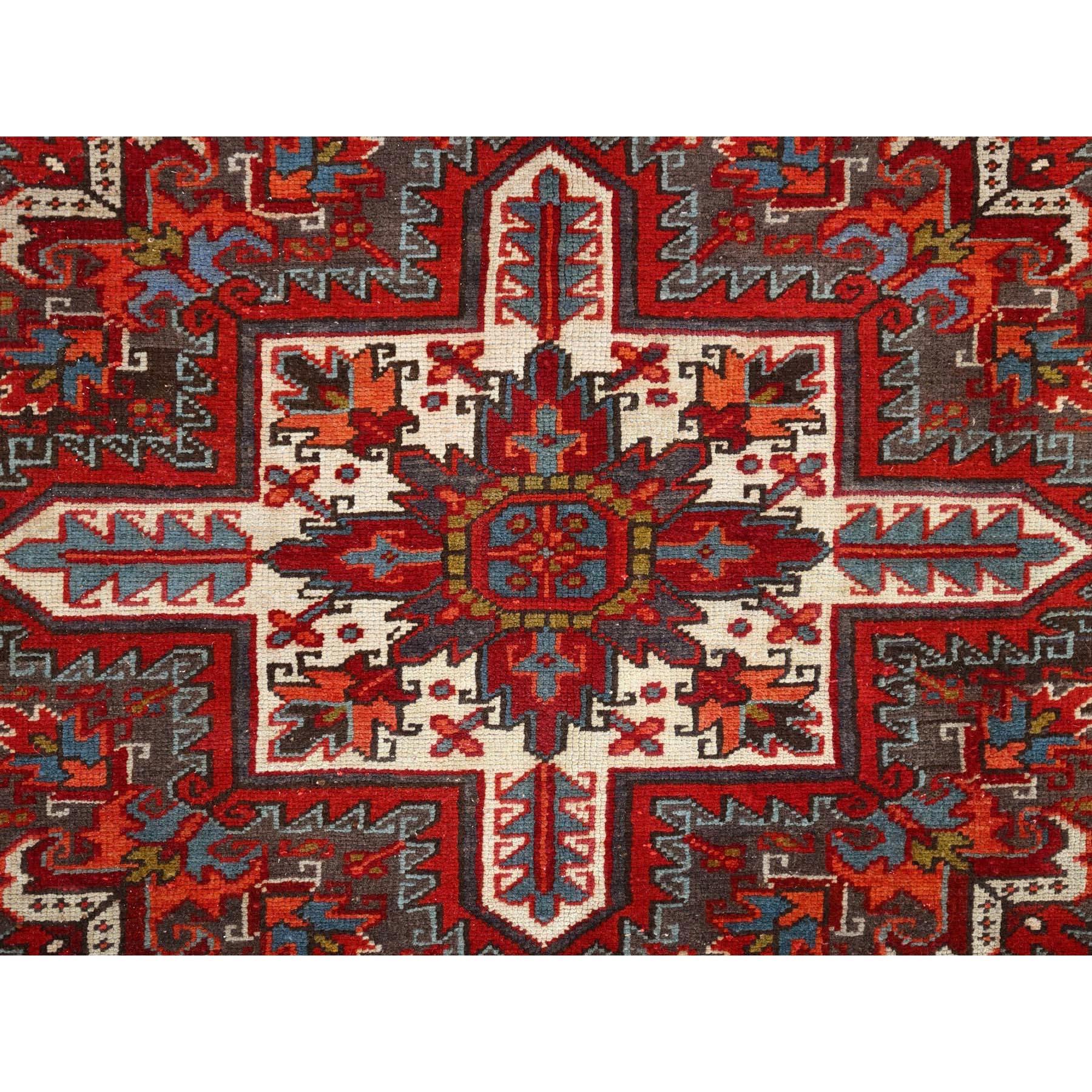Red Distressed Feel Evenly Worn Pure Wool Hand Knotted Vintage Persian Heriz Rug For Sale 3