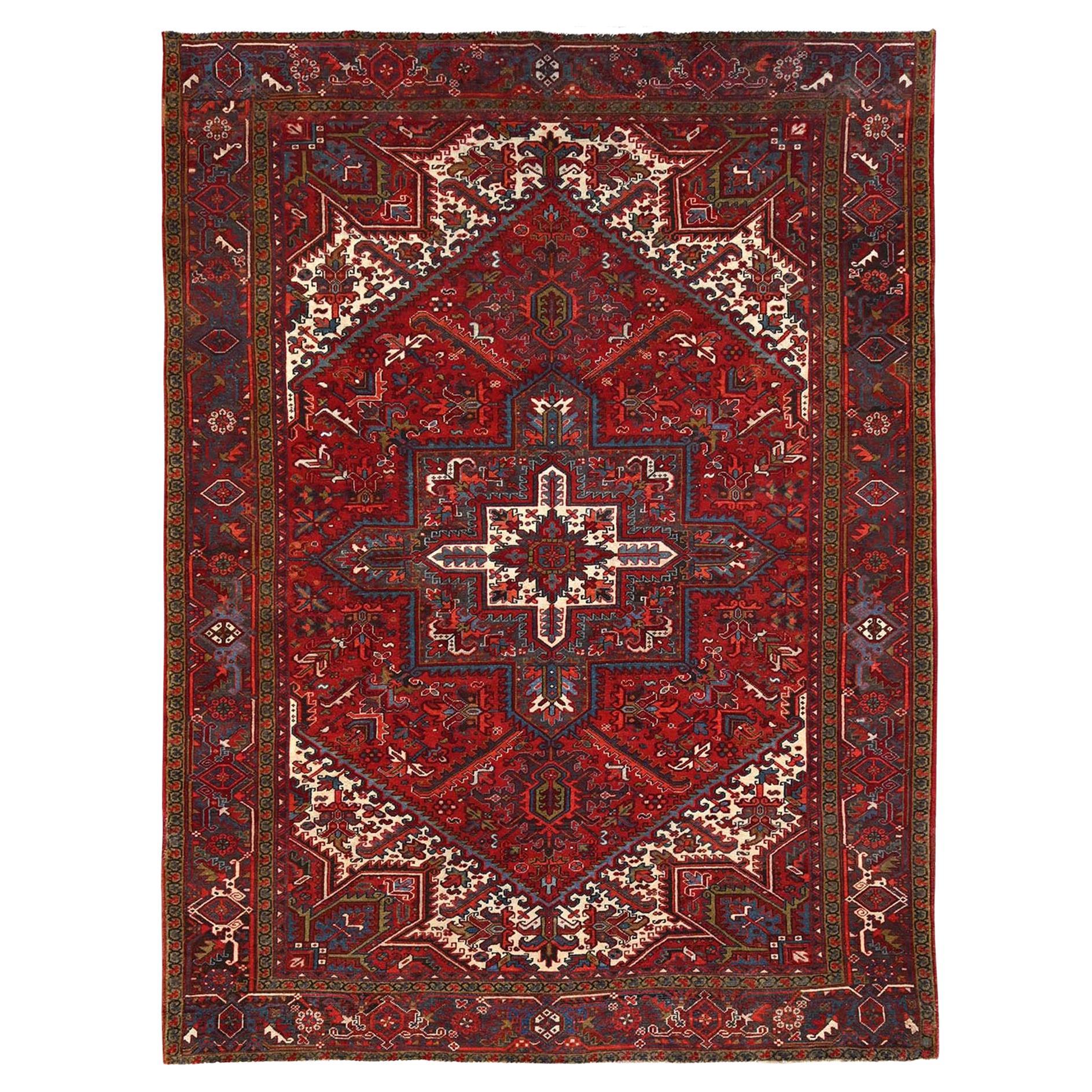 Red Distressed Feel Evenly Worn Pure Wool Hand Knotted Vintage Persian Heriz Rug For Sale