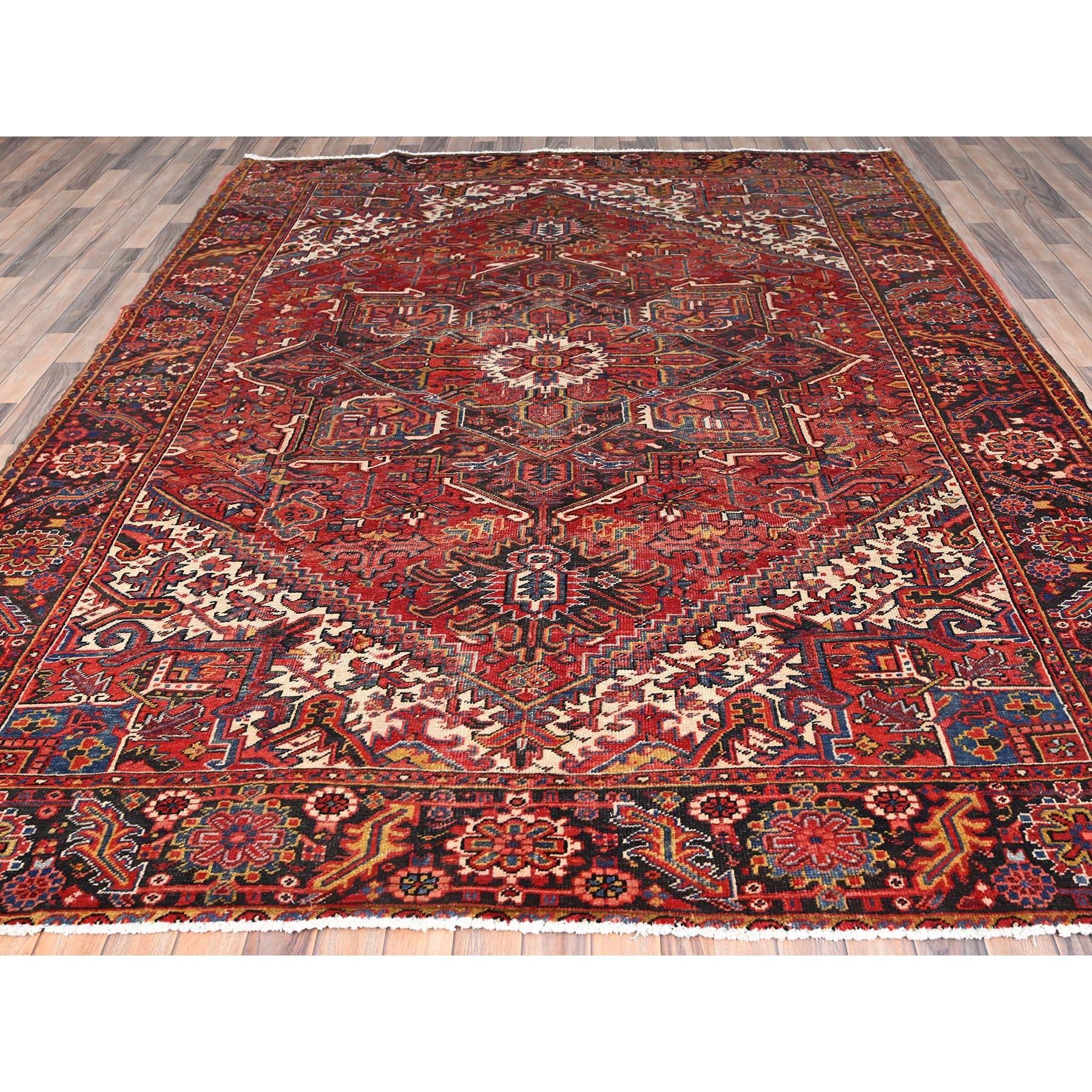 Hand-Knotted Red Distressed Look Wool Hand Knotted Vintage Bohemian Persian Heriz Cleaned Rug For Sale