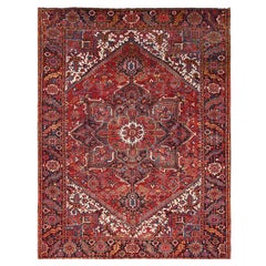 Tapis rouge en laine nouée à la main Vintage Bohemian Persian Heriz Cleaned Rug