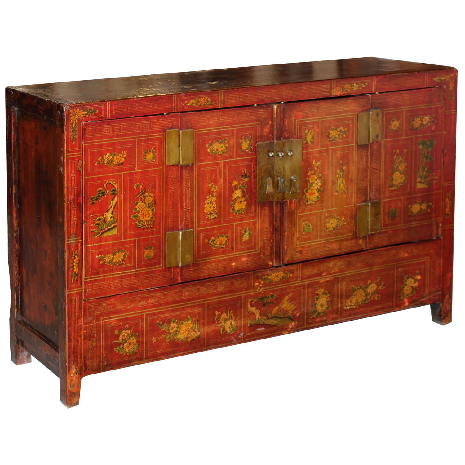 Four-door red lacquered wedding buffet with hand-painted gold leaf flowers and Greek key design. New interior shelf and hardware and accordion doors. Made in Dongbei, China, circa 1890. Some wear.

 