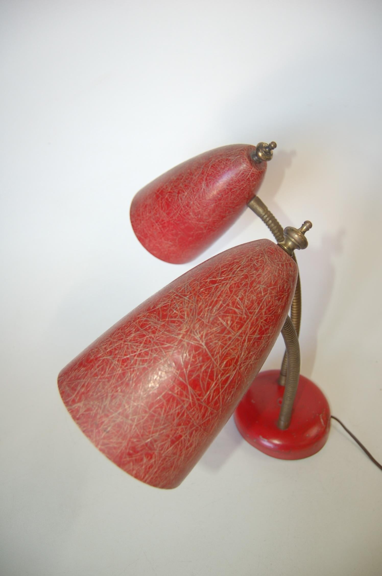 Cast Red Double Gooseneck Desk Lamp with Fiberglass Shades