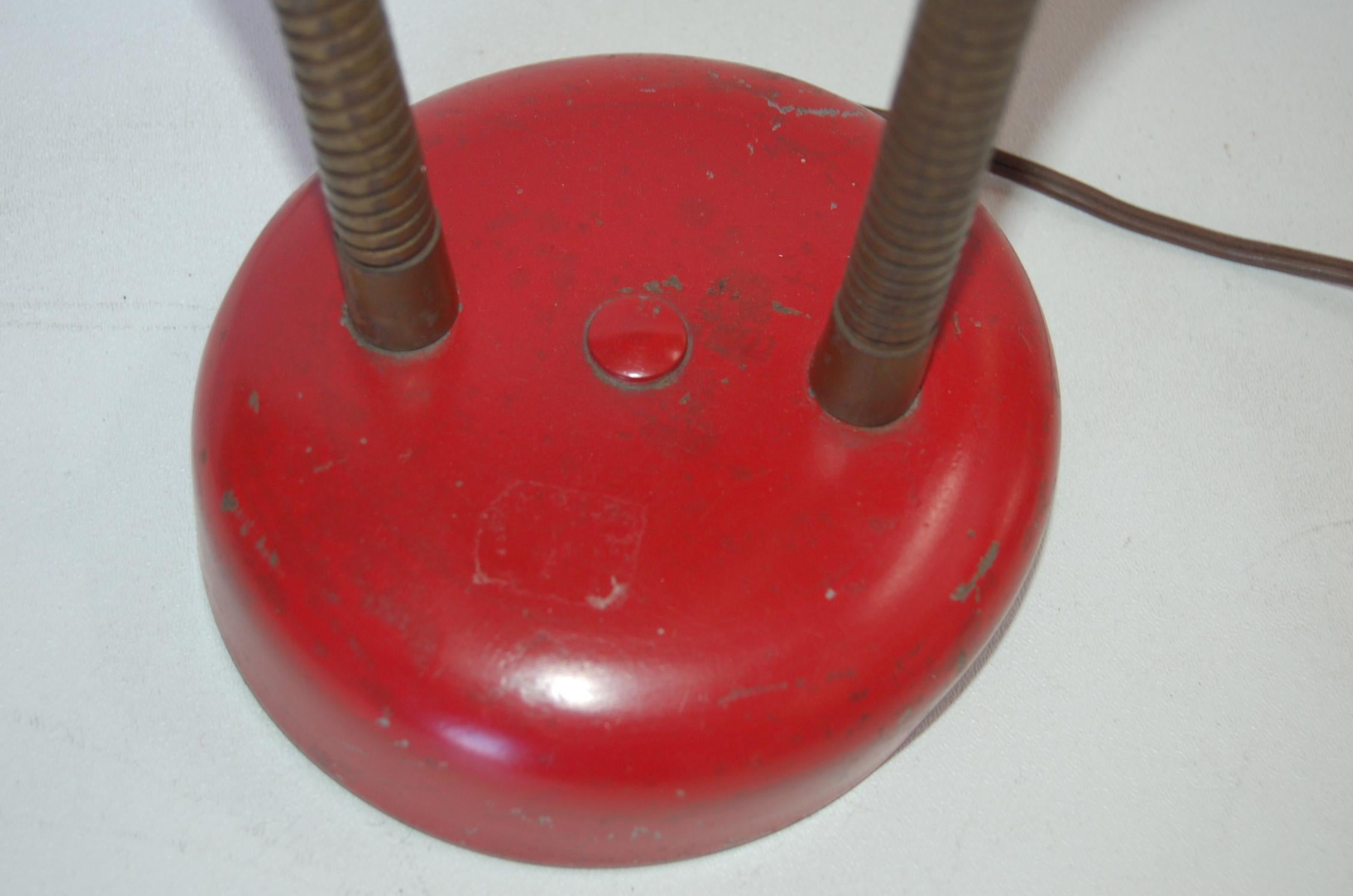 Red Double Gooseneck Desk Lamp with Fiberglass Shades In Excellent Condition In Van Nuys, CA