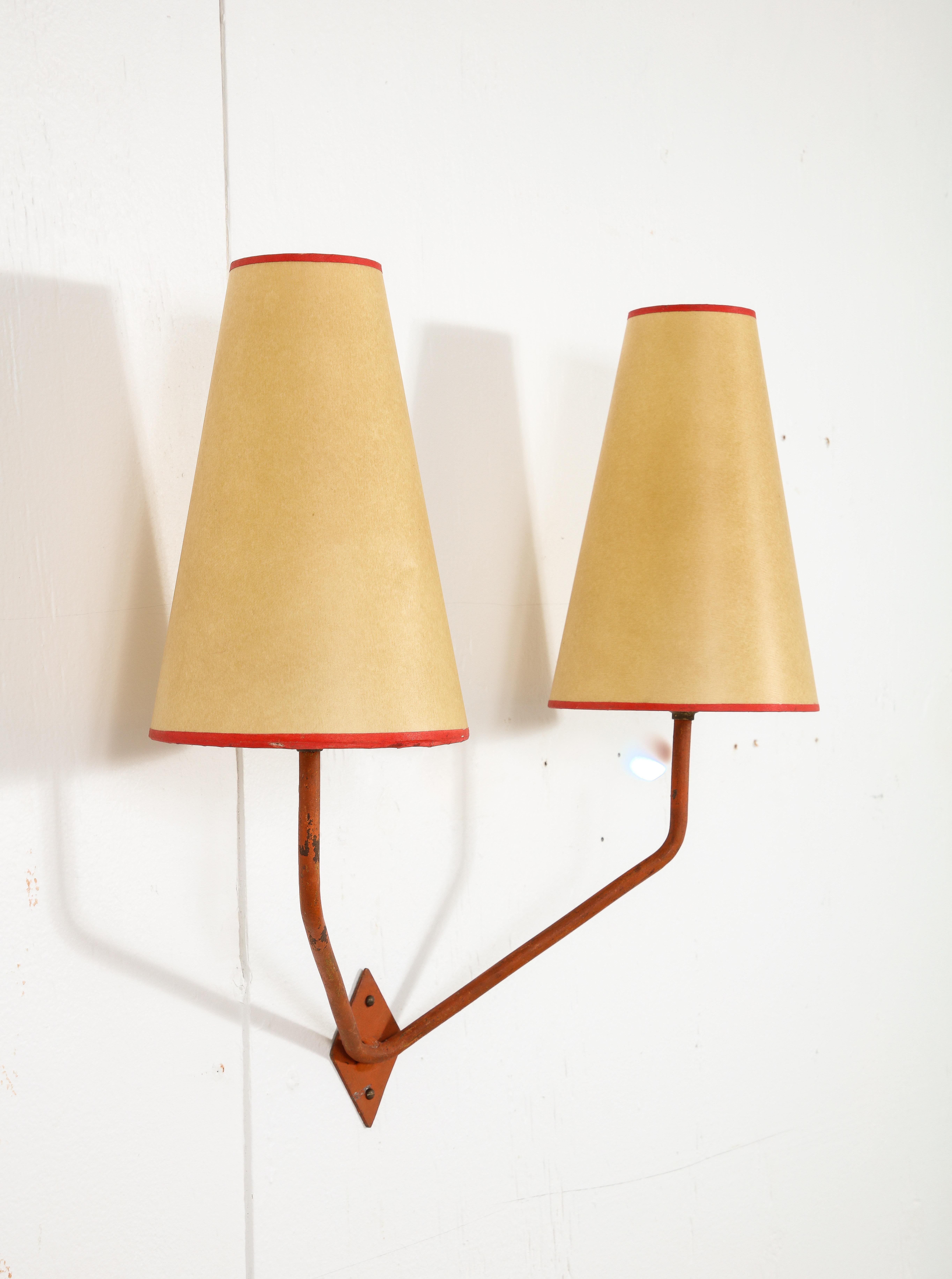 Red Iron Double Sconces After Jean Royere, France 1950 4