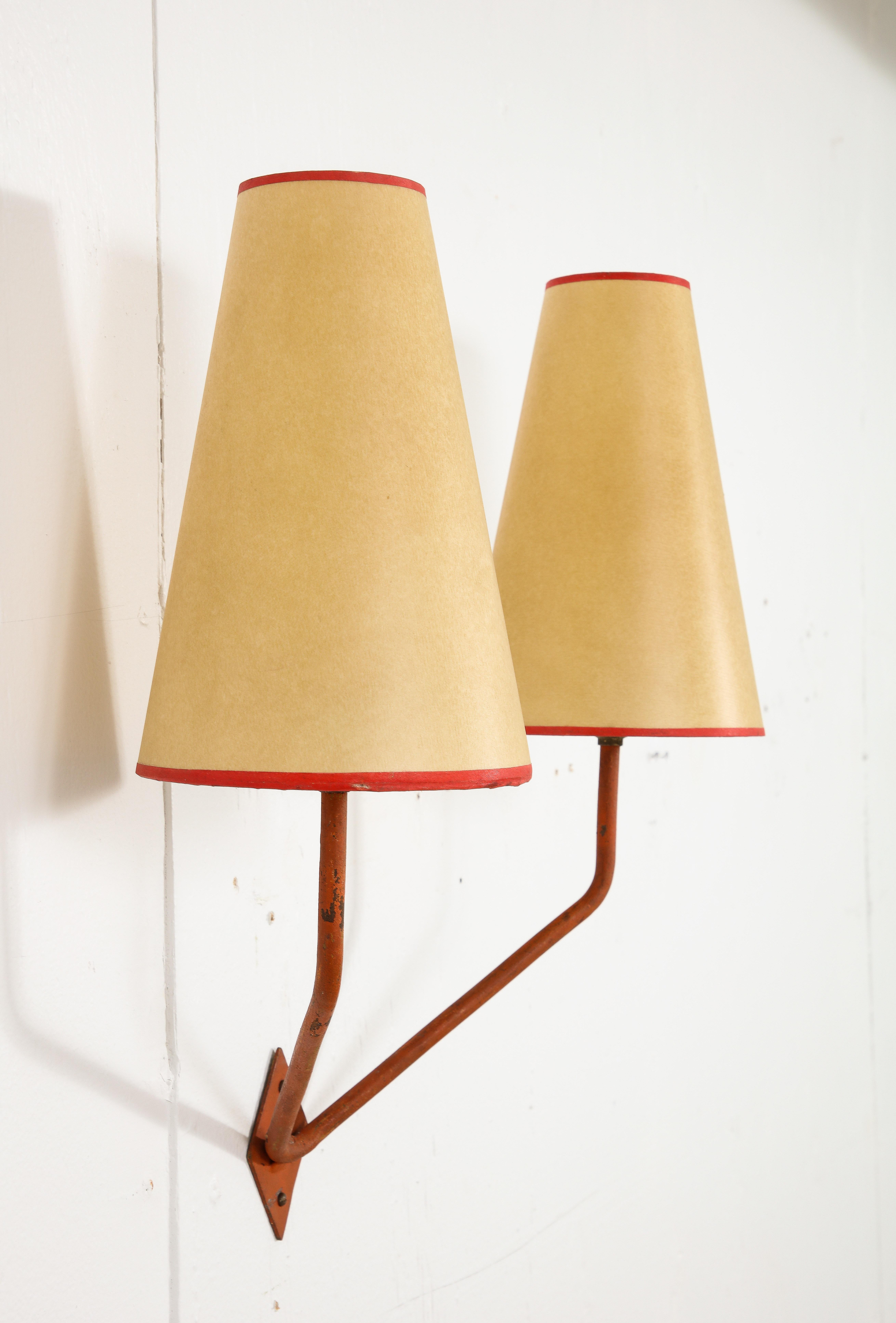 Red Iron Double Sconces After Jean Royere, France 1950 5