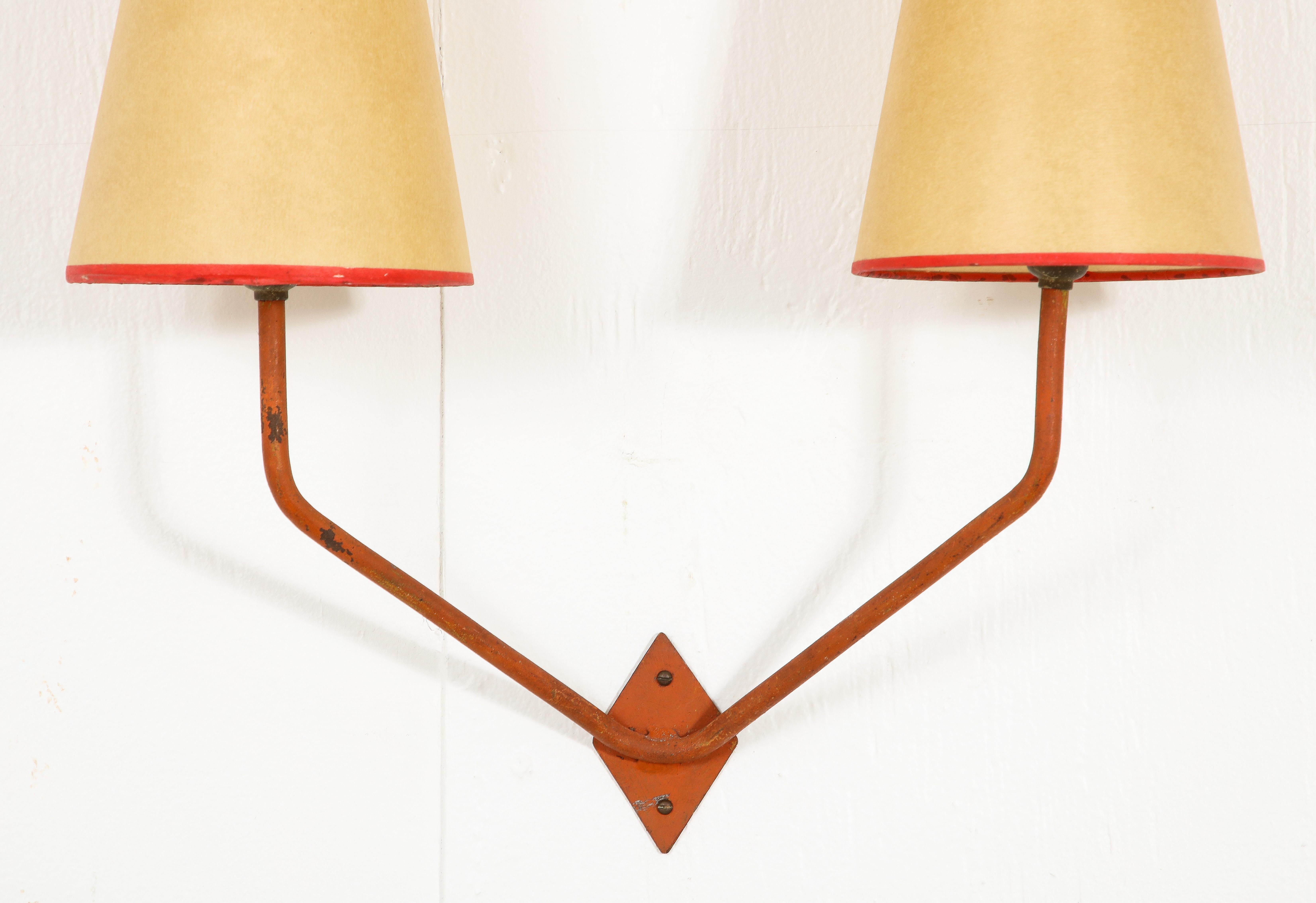 Mid-Century Modern Red Iron Double Sconces After Jean Royere, France 1950