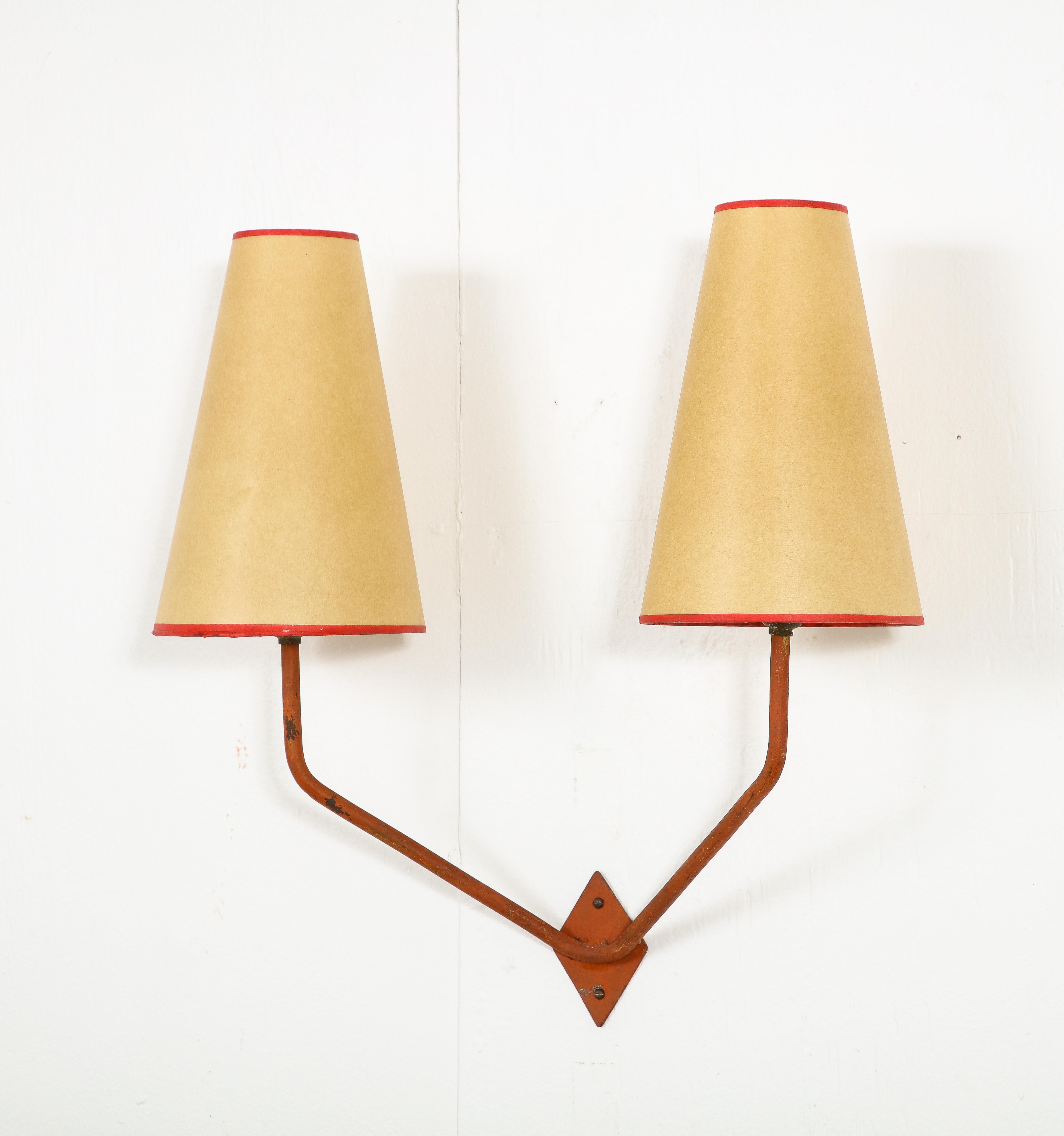 French Red Iron Double Sconces After Jean Royere, France 1950 For Sale