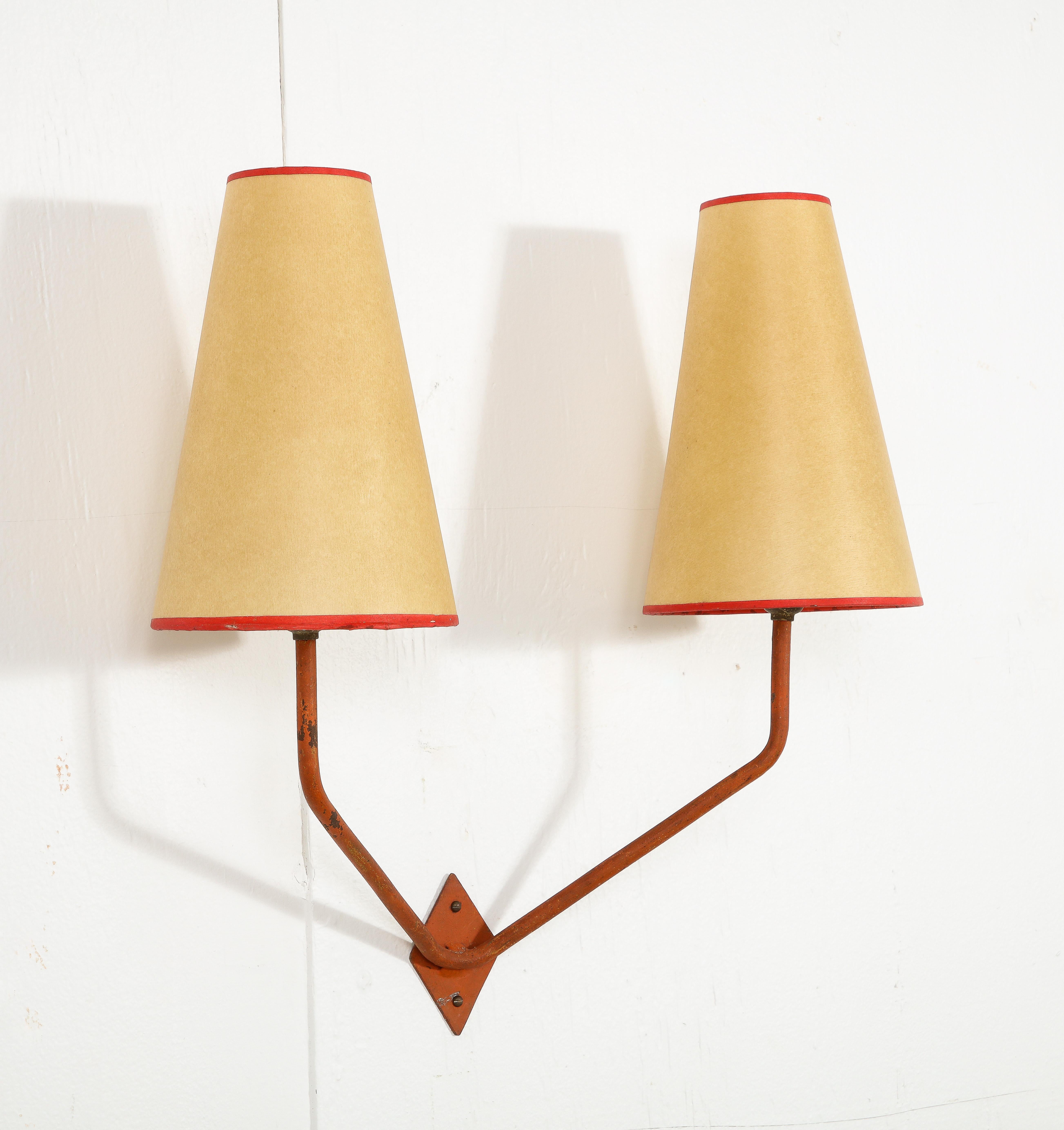 Red Iron Double Sconces After Jean Royere, France 1950 In Good Condition For Sale In New York, NY