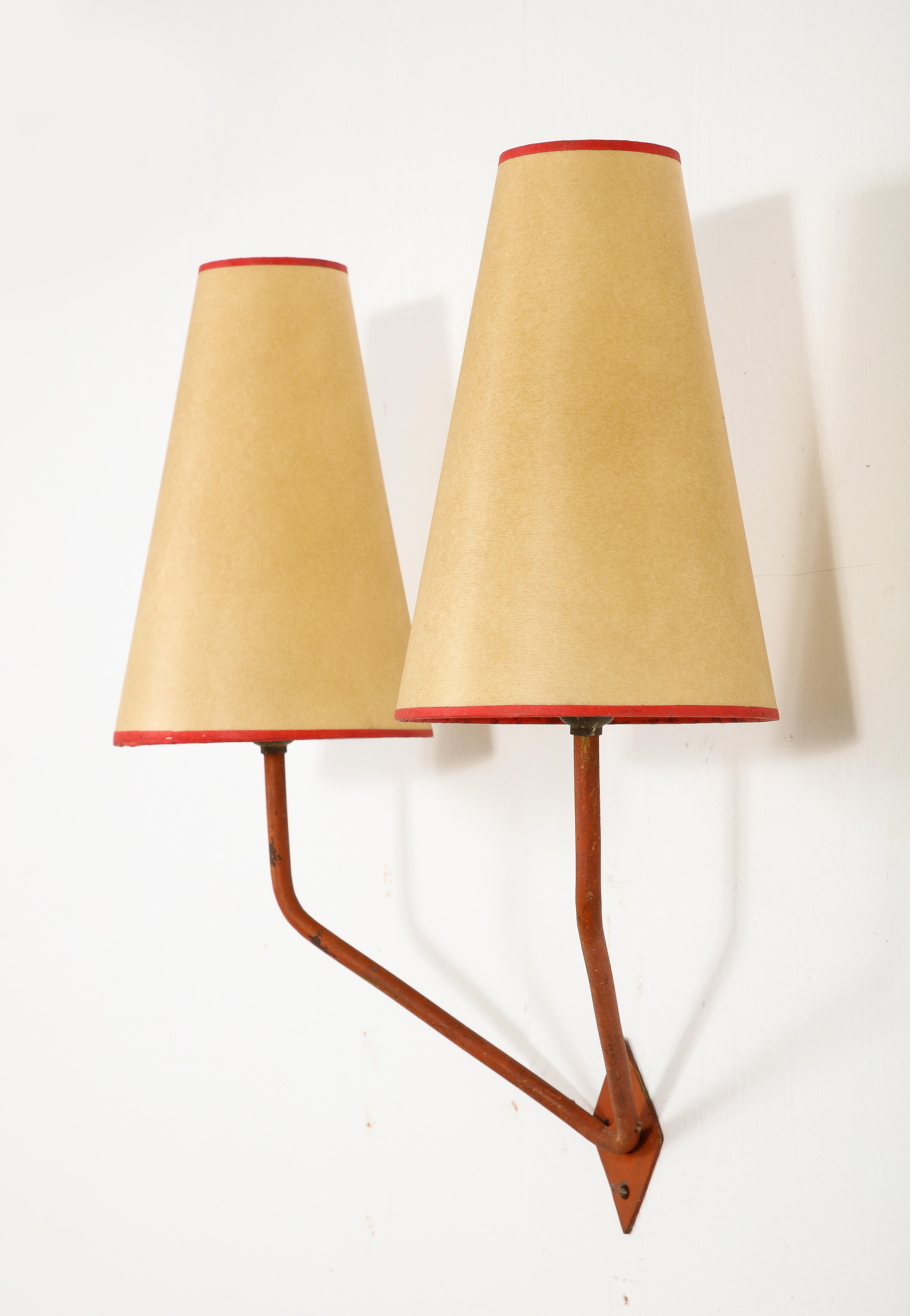 20th Century Red Iron Double Sconces After Jean Royere, France 1950