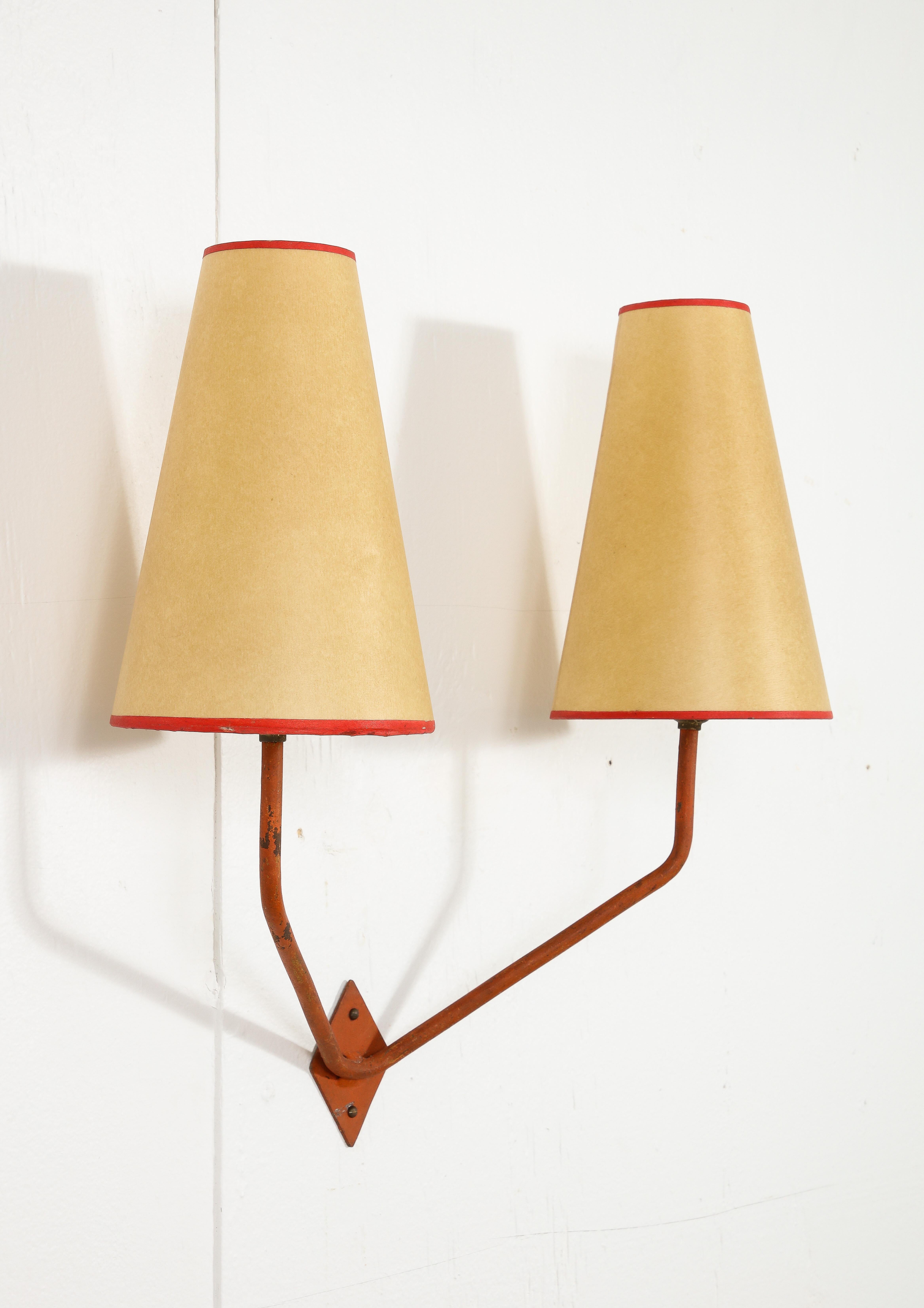 Red Iron Double Sconces After Jean Royere, France 1950 For Sale 2
