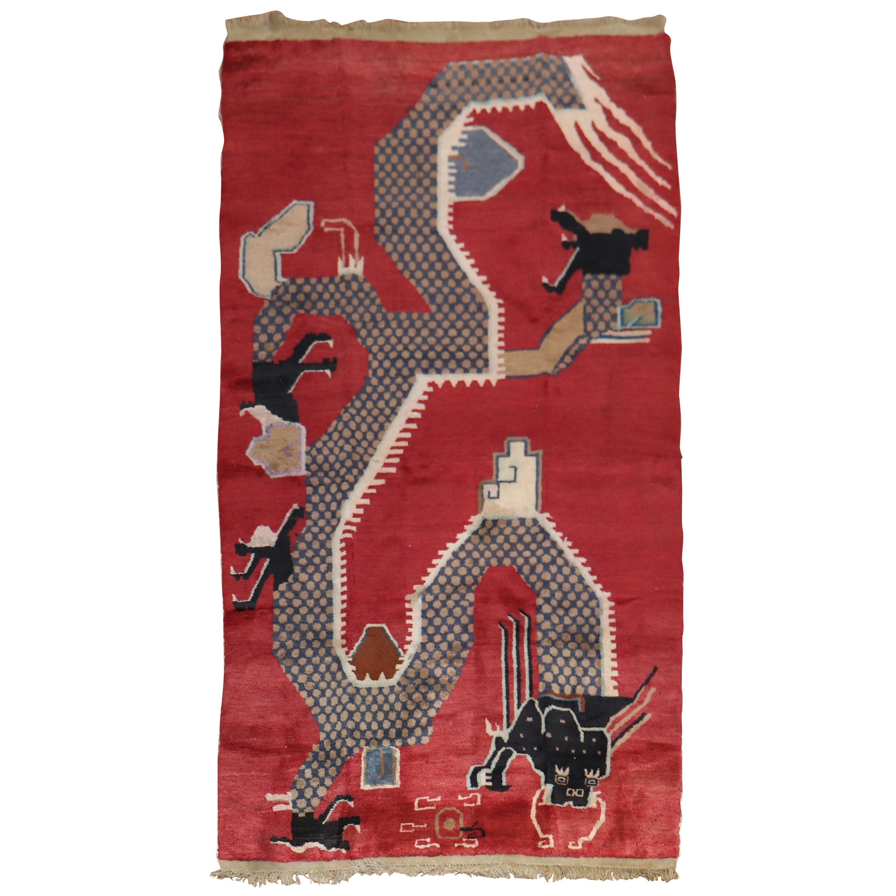 Red Dragon Chinese Vintage Rug For Sale