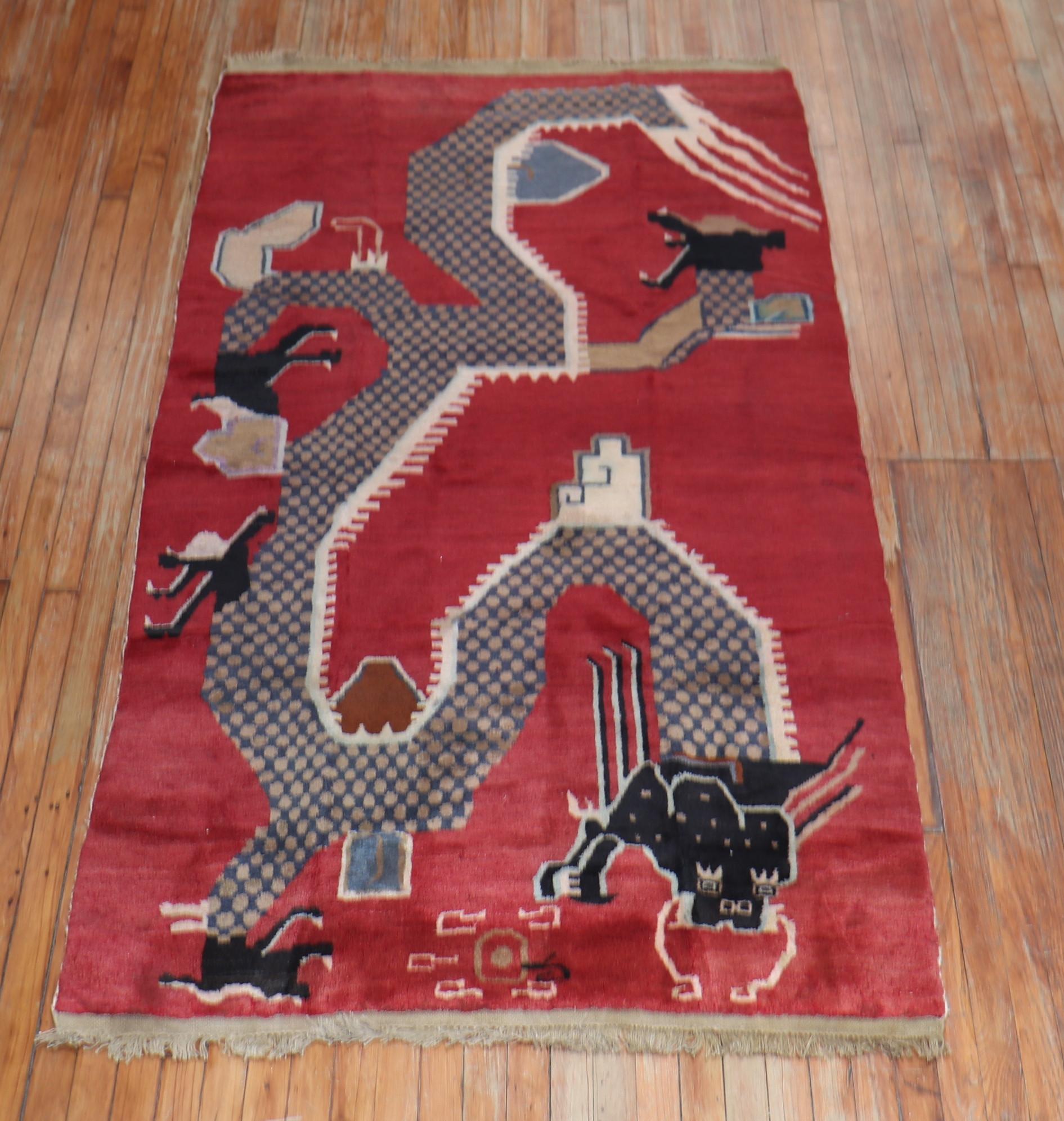 A 3rd quarter of the 20th-century Chinese rug with a dragon motif on a dark red field

Size: 4' x 7''.

