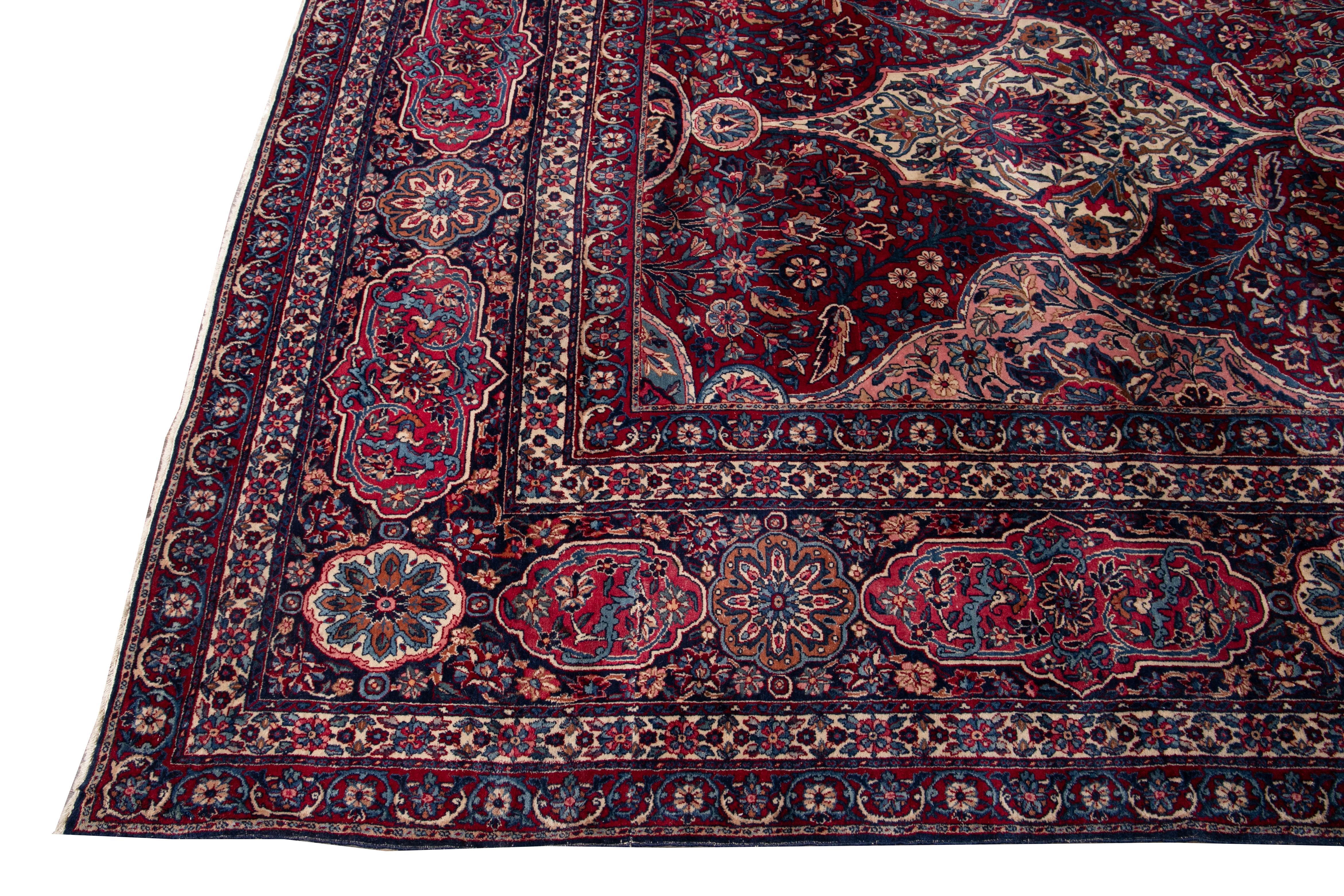 Hand-Knotted Red Early 20th Century Antique Kerman Wool Rug For Sale