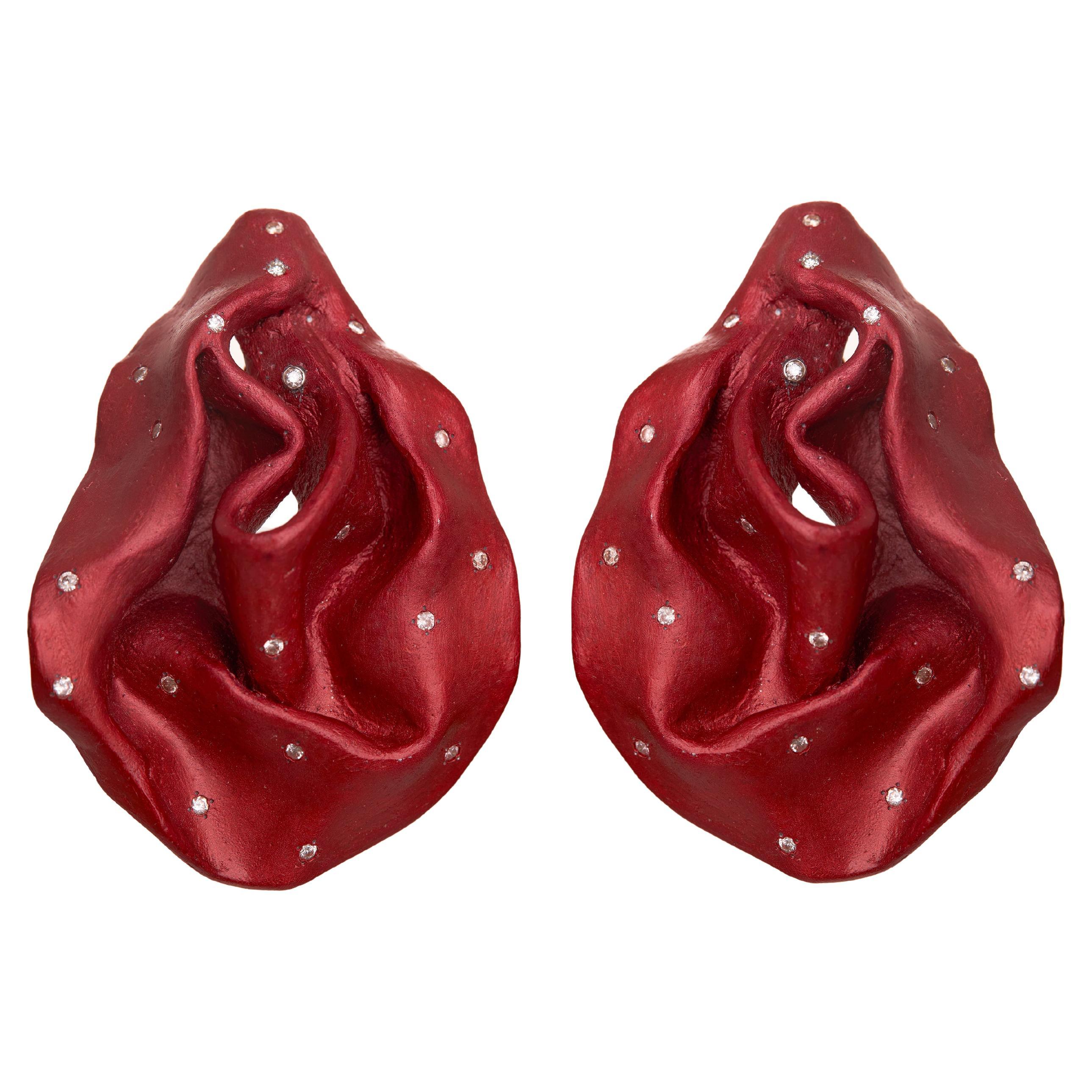 Orecchini rossi in alluminio riciclato, oro 18kt e diamante in vendita