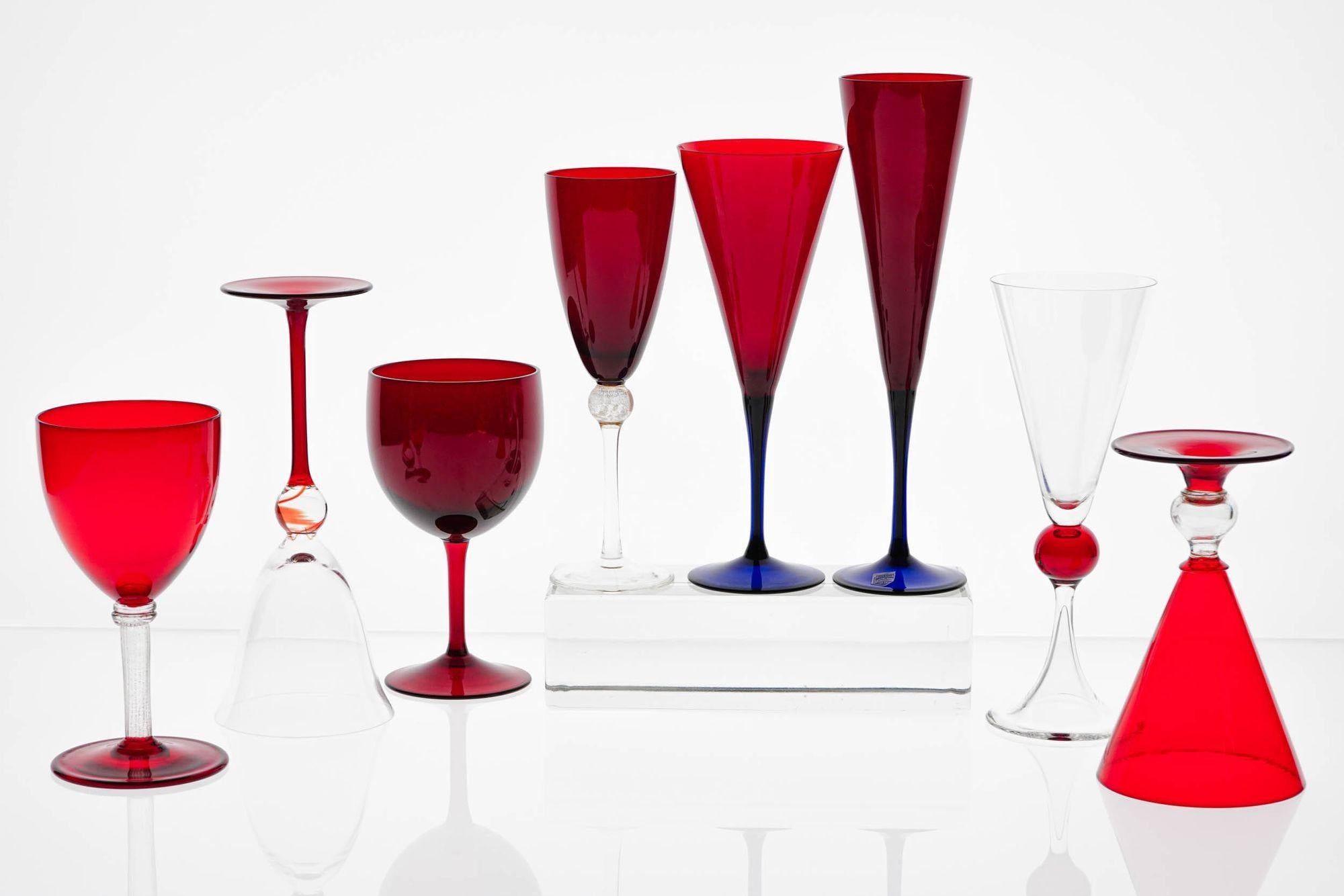 Red Eclectic Set of 8 Cenedese Murano Stemmed Glass, Each in Different Design For Sale 7