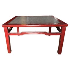Red Elm Wood Coffee Table with Intricate Rattan Center