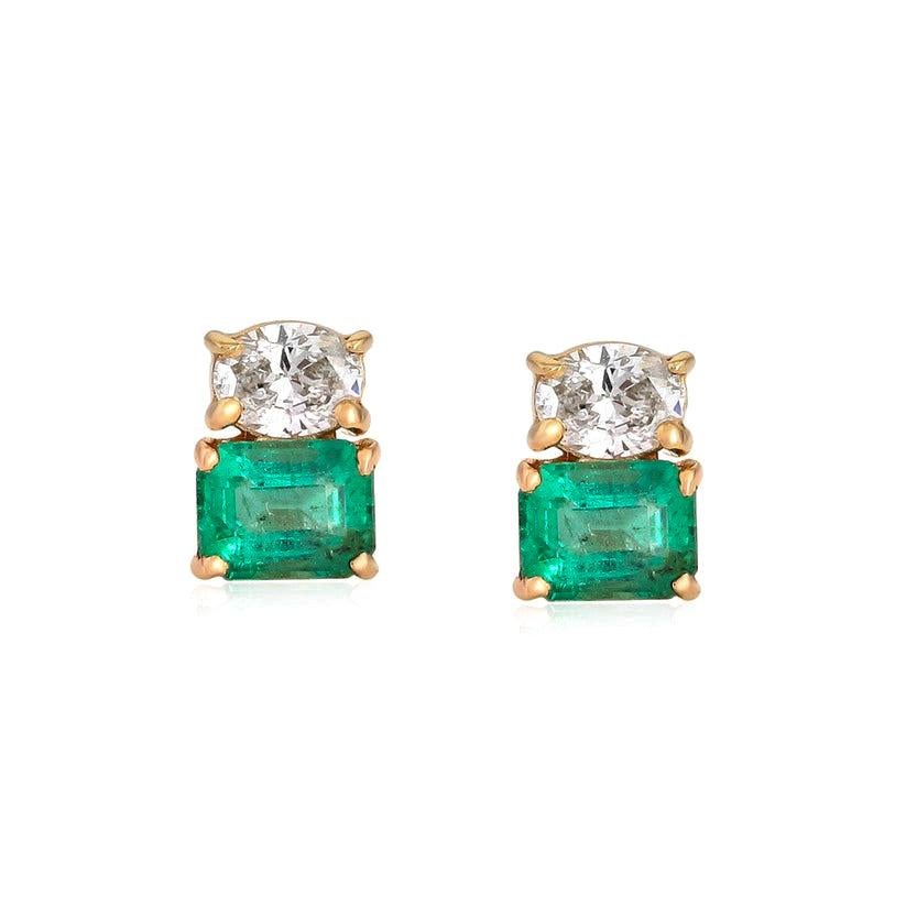 Emerald Cut Red Enamel 14K & 18K Yellow Gold Diamond Stud Earrings For Sale