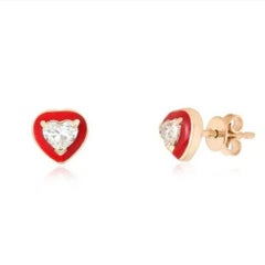 Red Enamel 14K (or 18k upon request) Yellow Gold Heart Diamond Stud Earrings