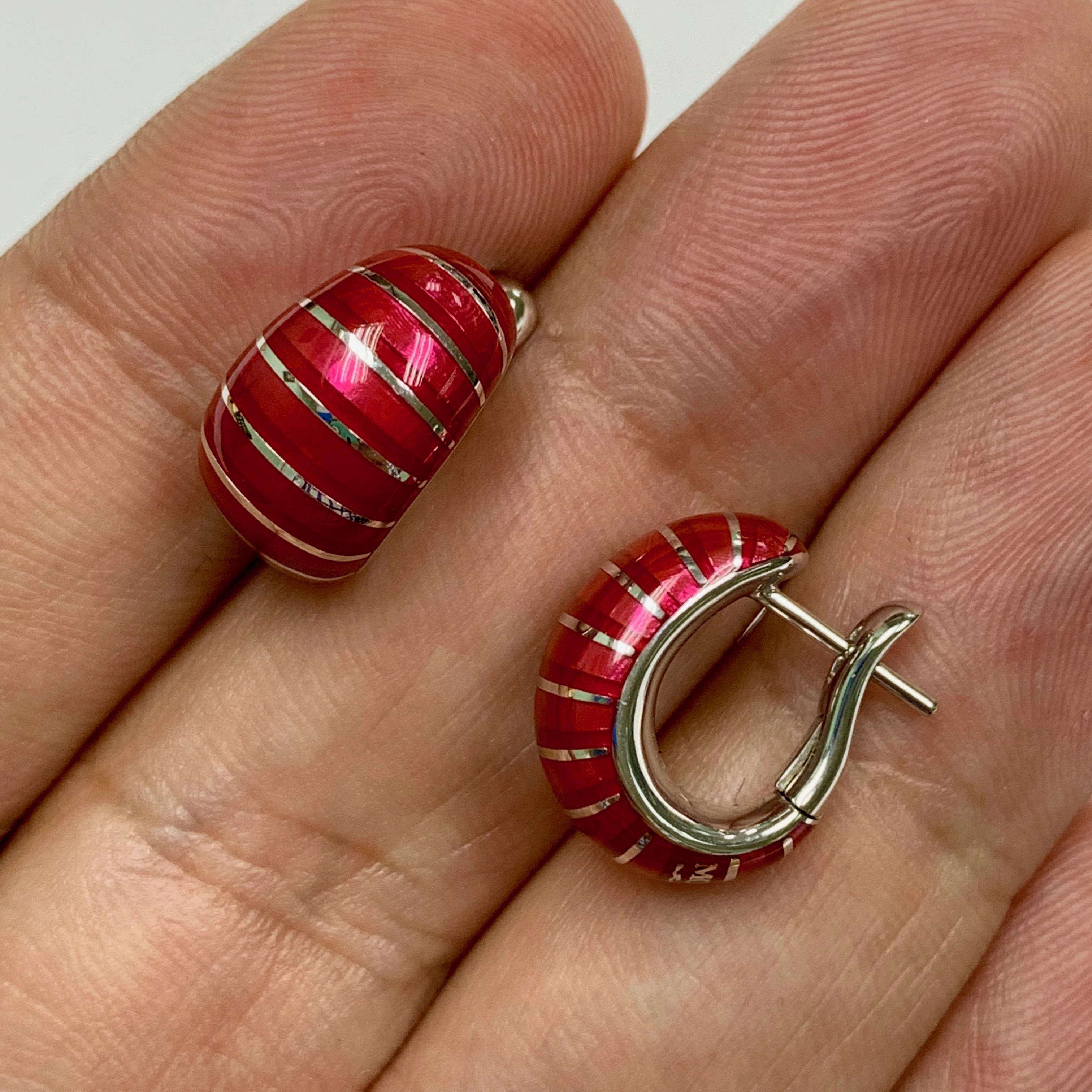Women's or Men's Red Enamel 18 Karat White Gold Earrings