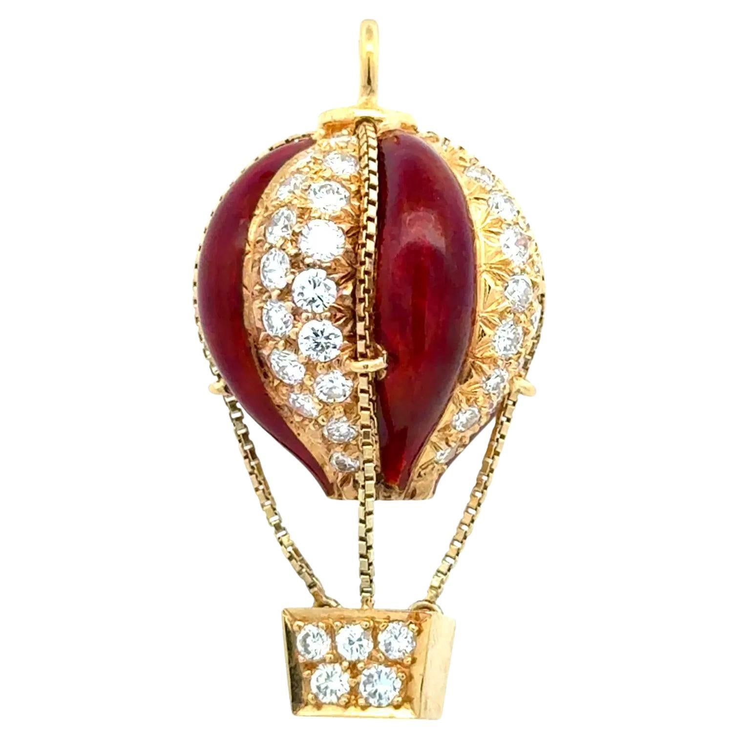 Red Enamel and Diamond Articulating Hot Air Balloon Gold Vintage Pendant