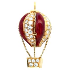Red Enamel and Diamond Articulating Hot Air Balloon Gold Vintage Pendant