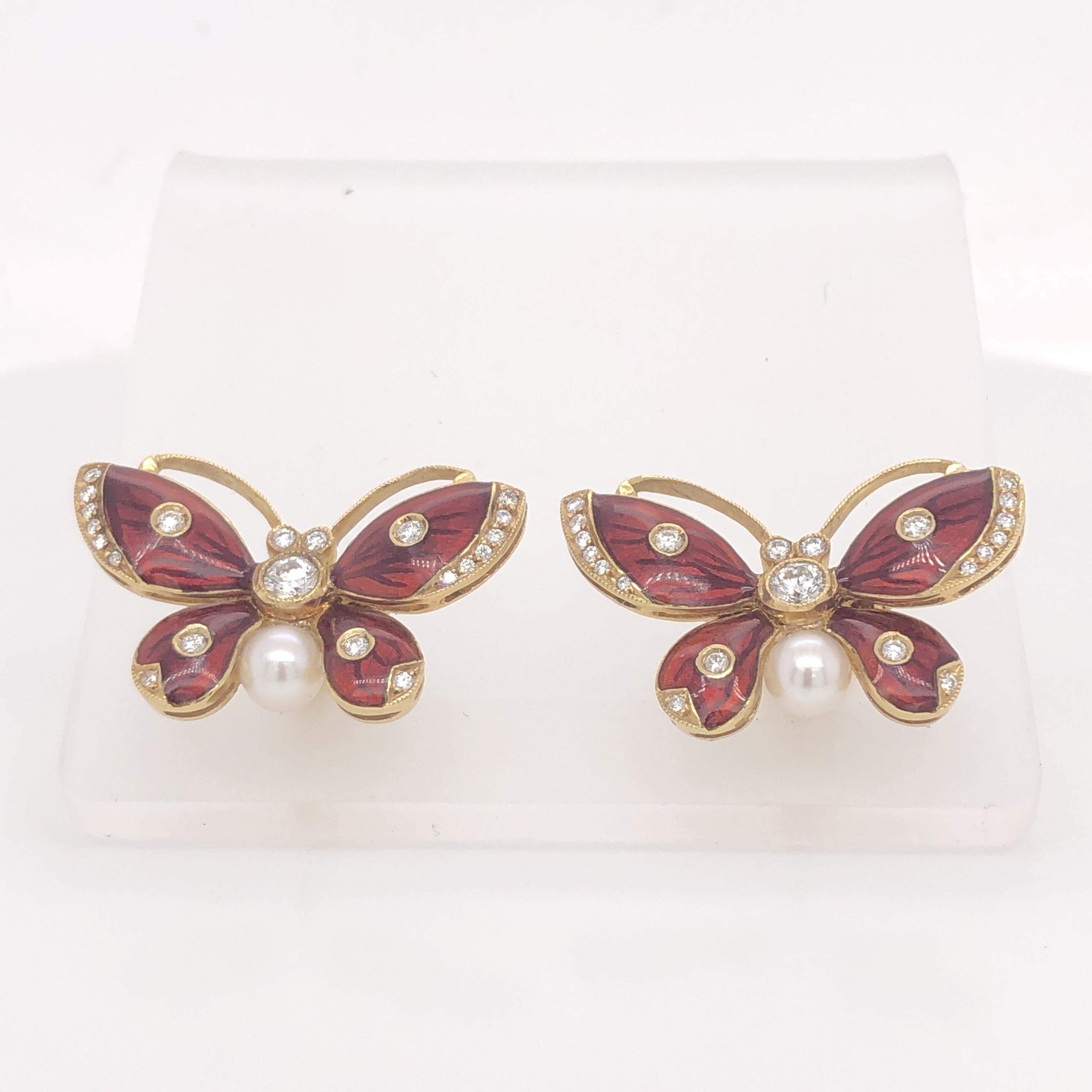 Women's Red Enamel and Diamond Butterfly Earrings For Sale