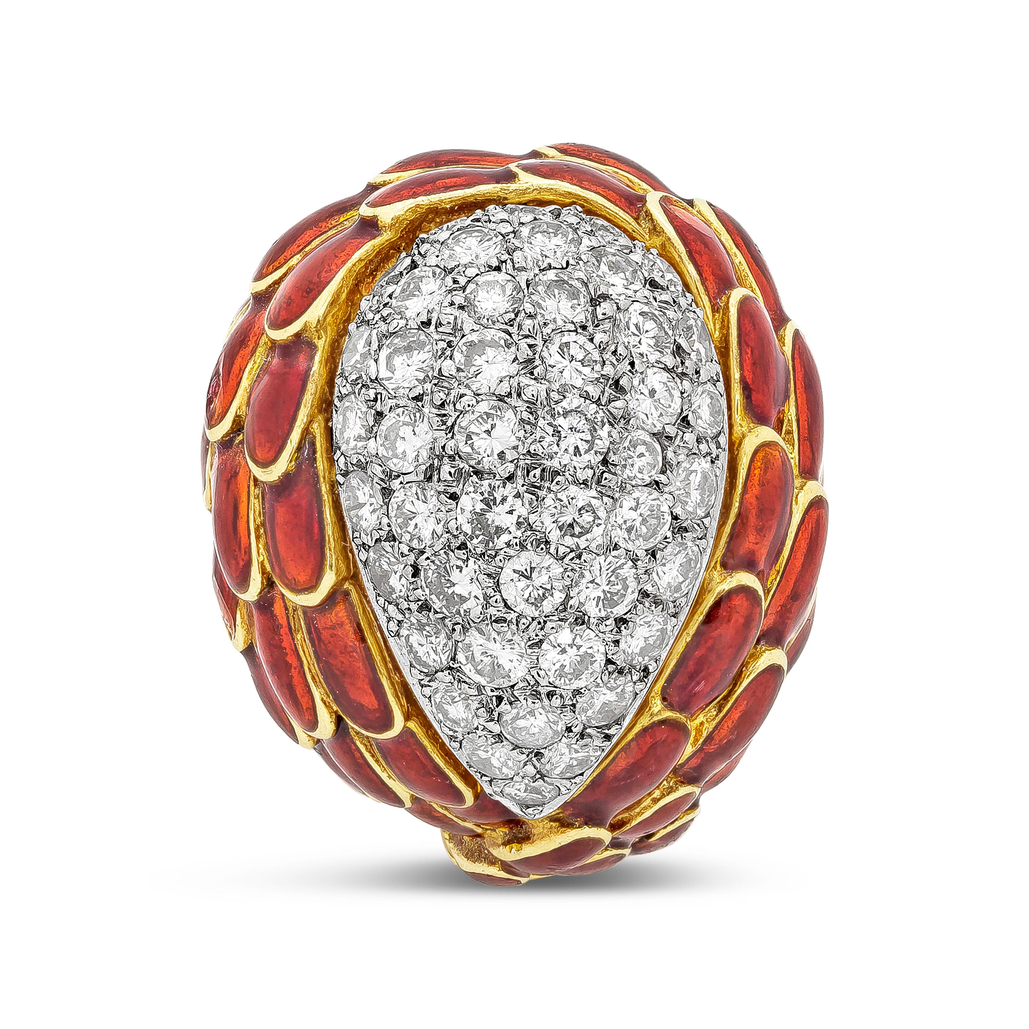 Contemporary 1.40 Carats Total Diamond Dome Cocktail Ring with Red Enamel  For Sale