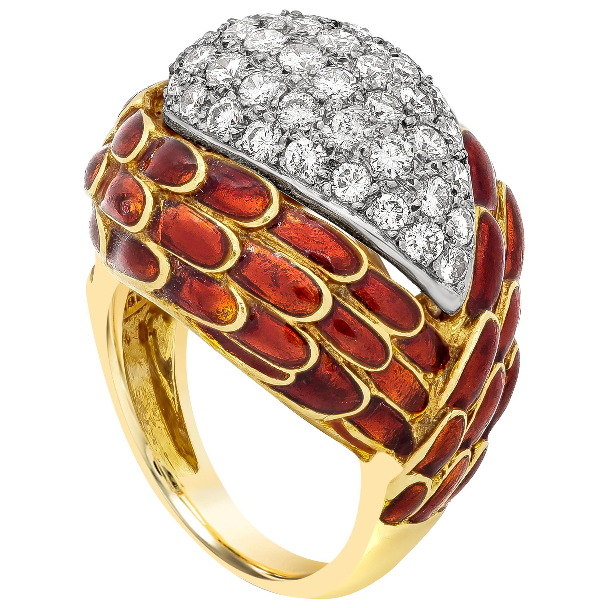 1.40 Carats Total Diamond Dome Cocktail Ring with Red Enamel 