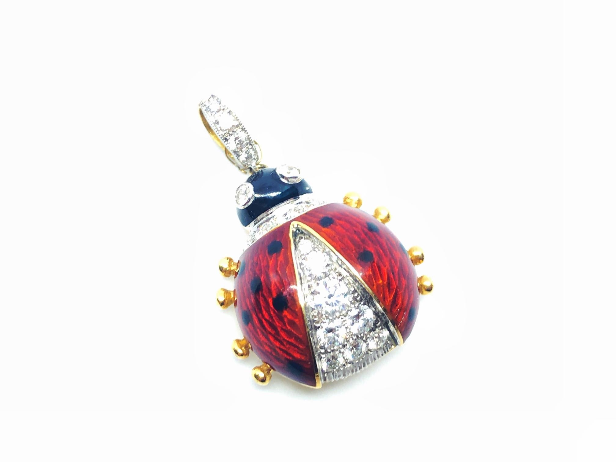 Brilliant Cut Red Enamel and Diamond Ladybird Pendant