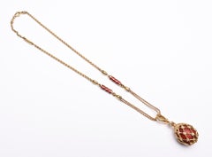 Red Enamel and Diamond Pear Shaped Pendant Necklace