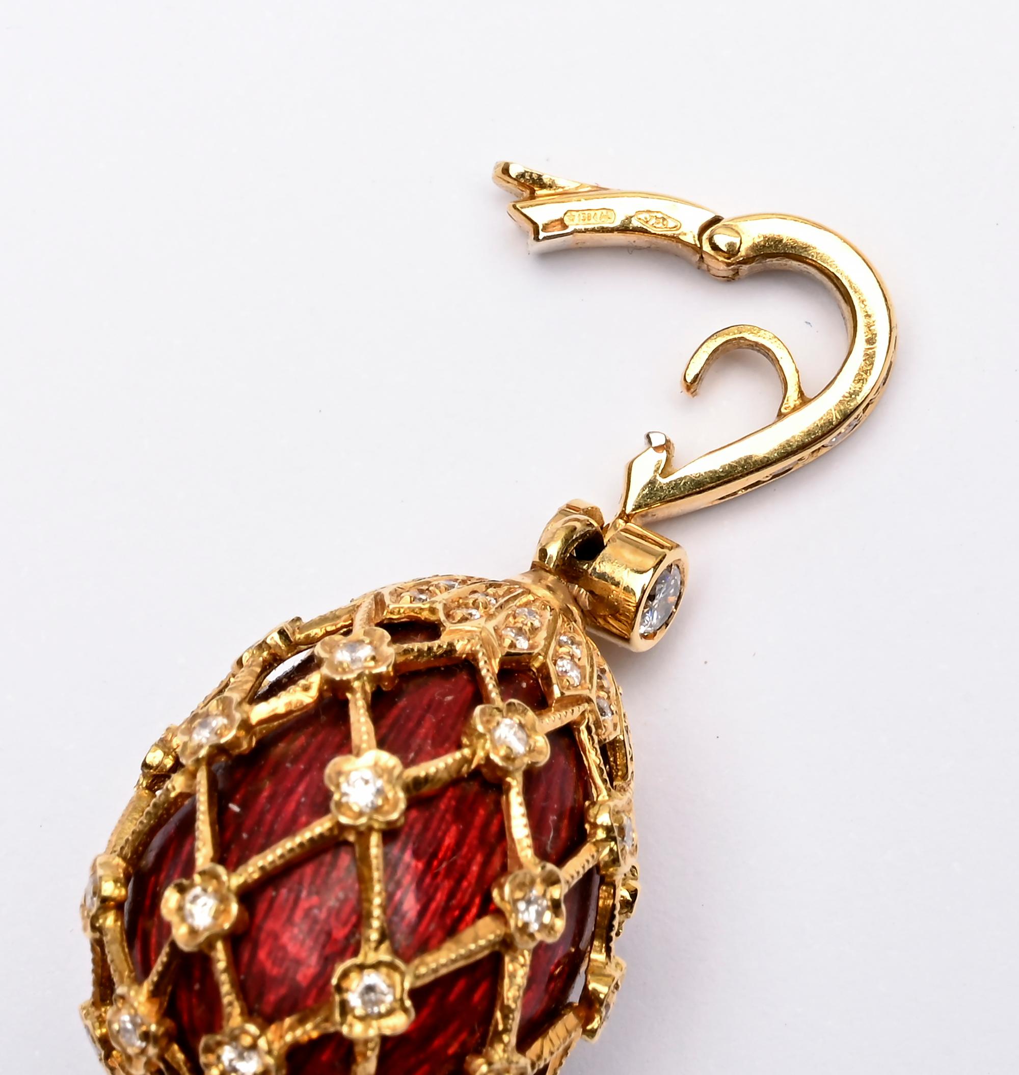 Red Enamel and Diamond Pear Shaped Pendant Necklace In Excellent Condition For Sale In Darnestown, MD